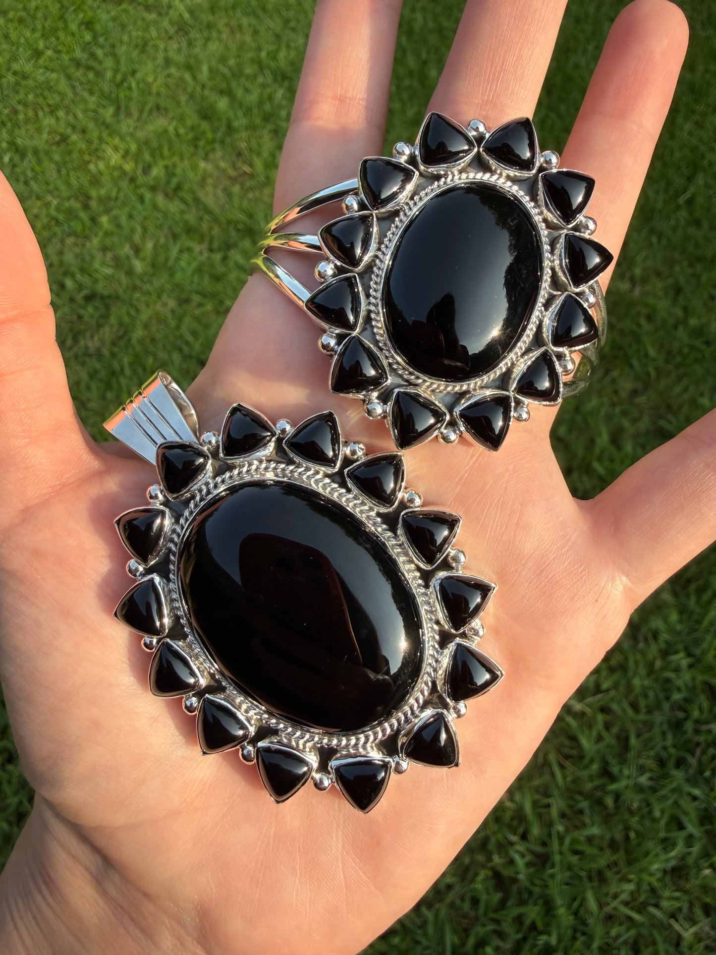 Navajo Black Onyx Statement Cluster Pendant or Cuff Bracelet