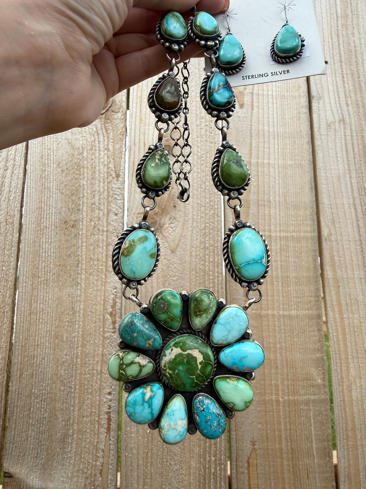Navajo Sonoran Gold Turquoise Sterling Silver Full Flower Statement Necklace and Earrings
