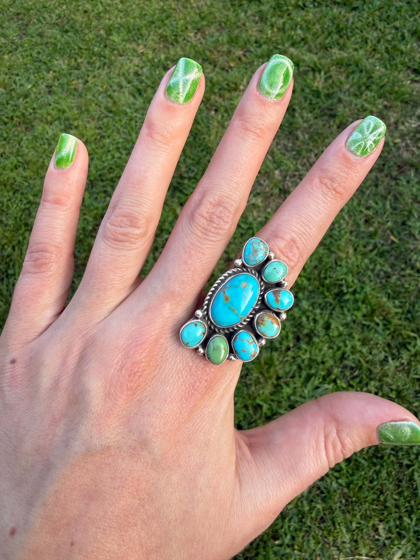Navajo Turquoise Half Flower Adjustable Sterling Silver Ring