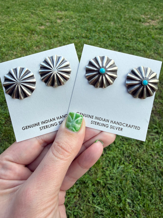 Navajo Concho Sterling Silver and Turquoise Earrings by Arlene Soce