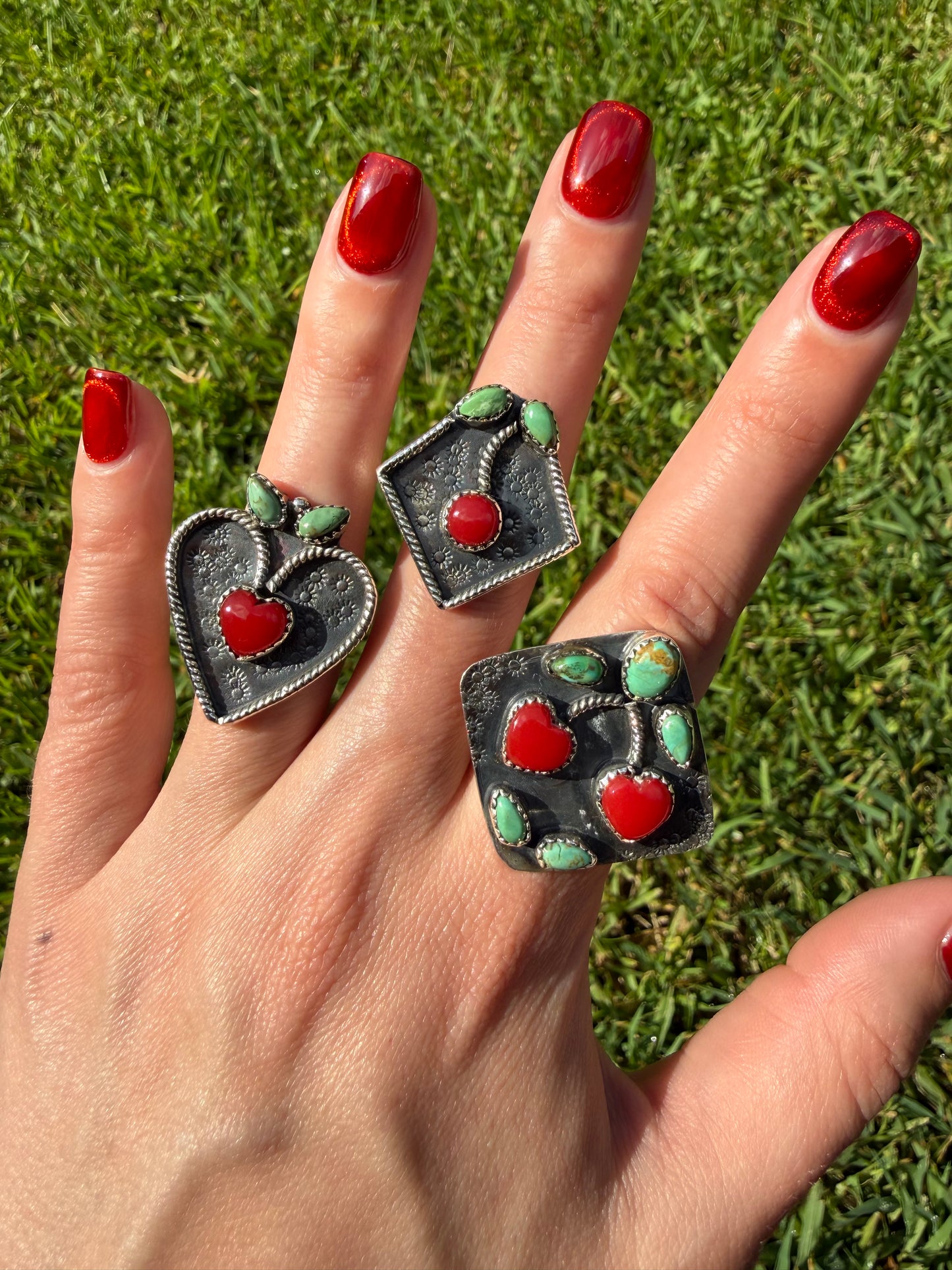 Kingman Turquoise and Red Rosarita Cherry Sterling Silver Adjustable Ring