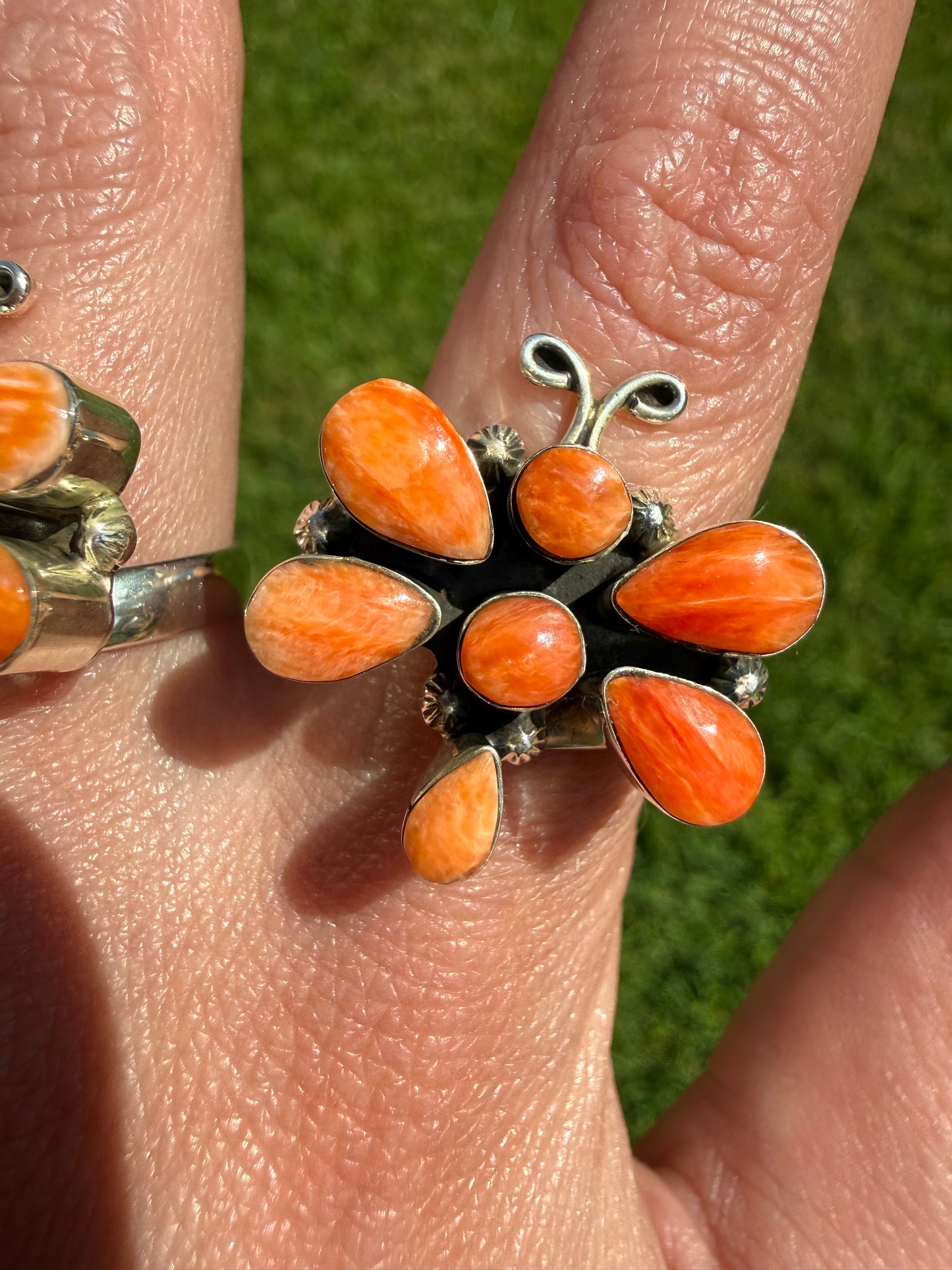 Navajo Orange Spiny Dragonfly Sterling Silver Ring