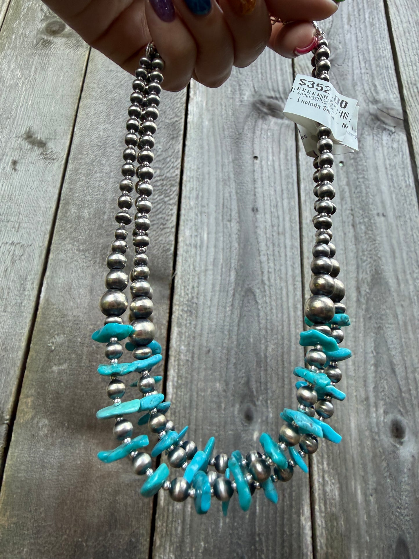 Navajo Strung Turquoise Chip with Sterling Silver Pearl Necklace