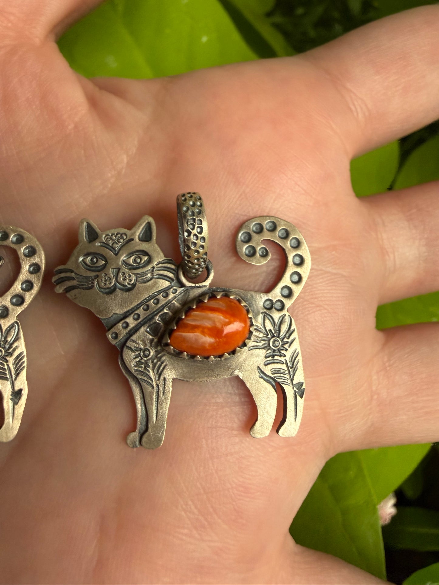 Turquoise or Orange Spiny Cat Sterling Silver Pendant