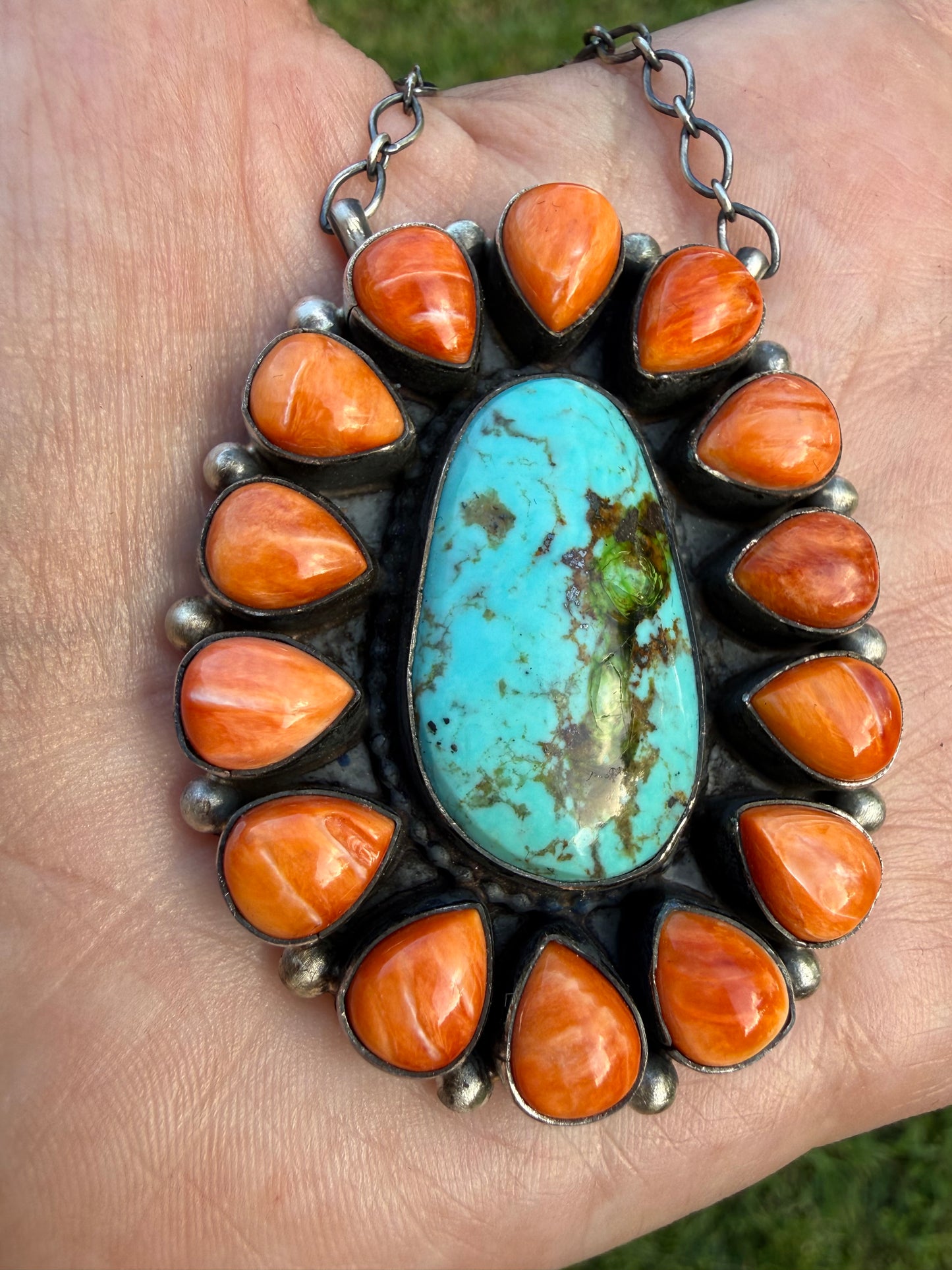 Navajo Sonoran Gold Turquoise and Orange Spiny Full Flower Cluster Necklace