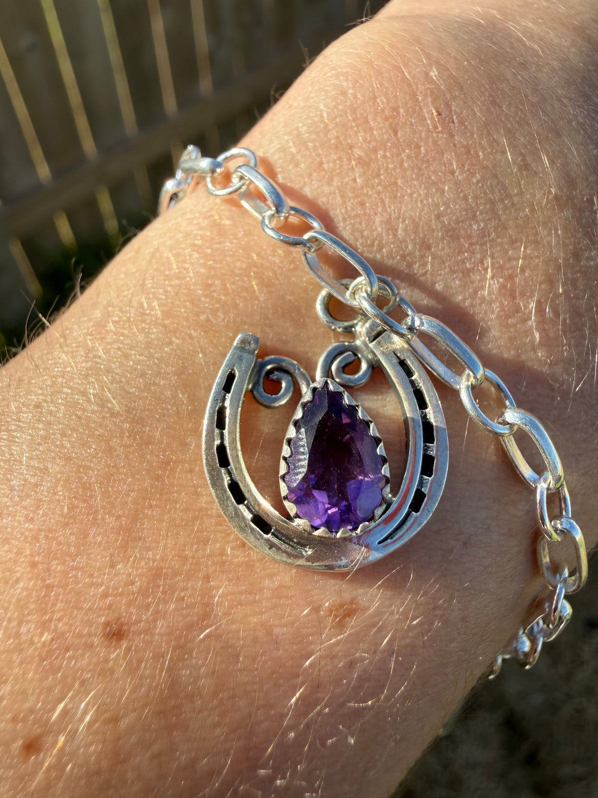 Navajo Amethyst and Turquoise Horseshoe Charm Sterling Silver Bracelet