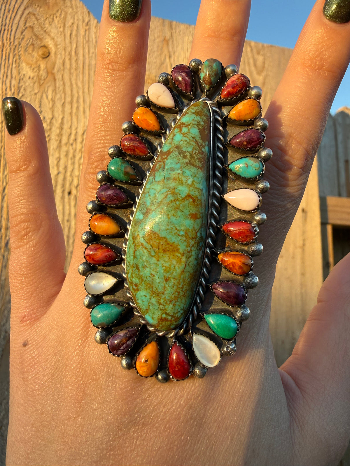 Navajo Multi Color and Turquoise Huge Full Flower Statement Adjustable Sterling Silver Ring