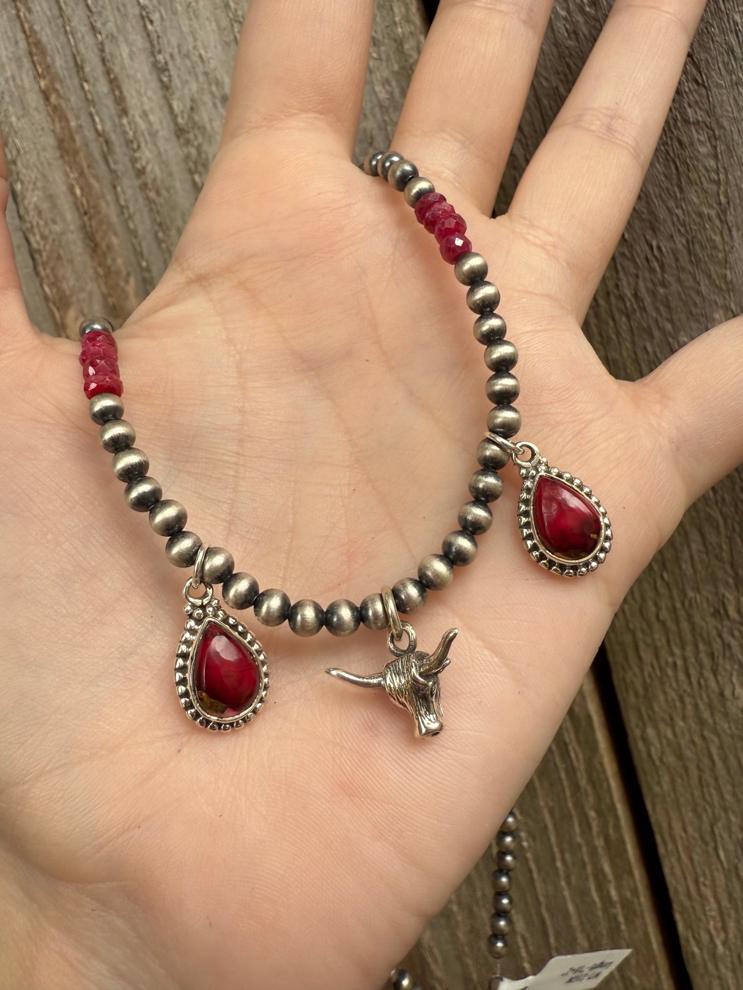 Rose Dahlia and Ruby Long Horn Desert Pearl Sterling Silver 925 Necklace