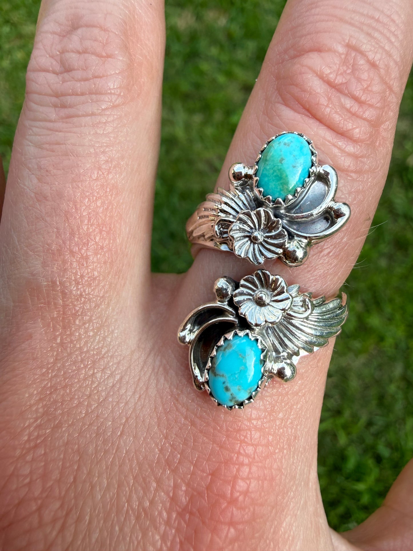 Native Turquoise Flower Floater Sterling Silver Ring