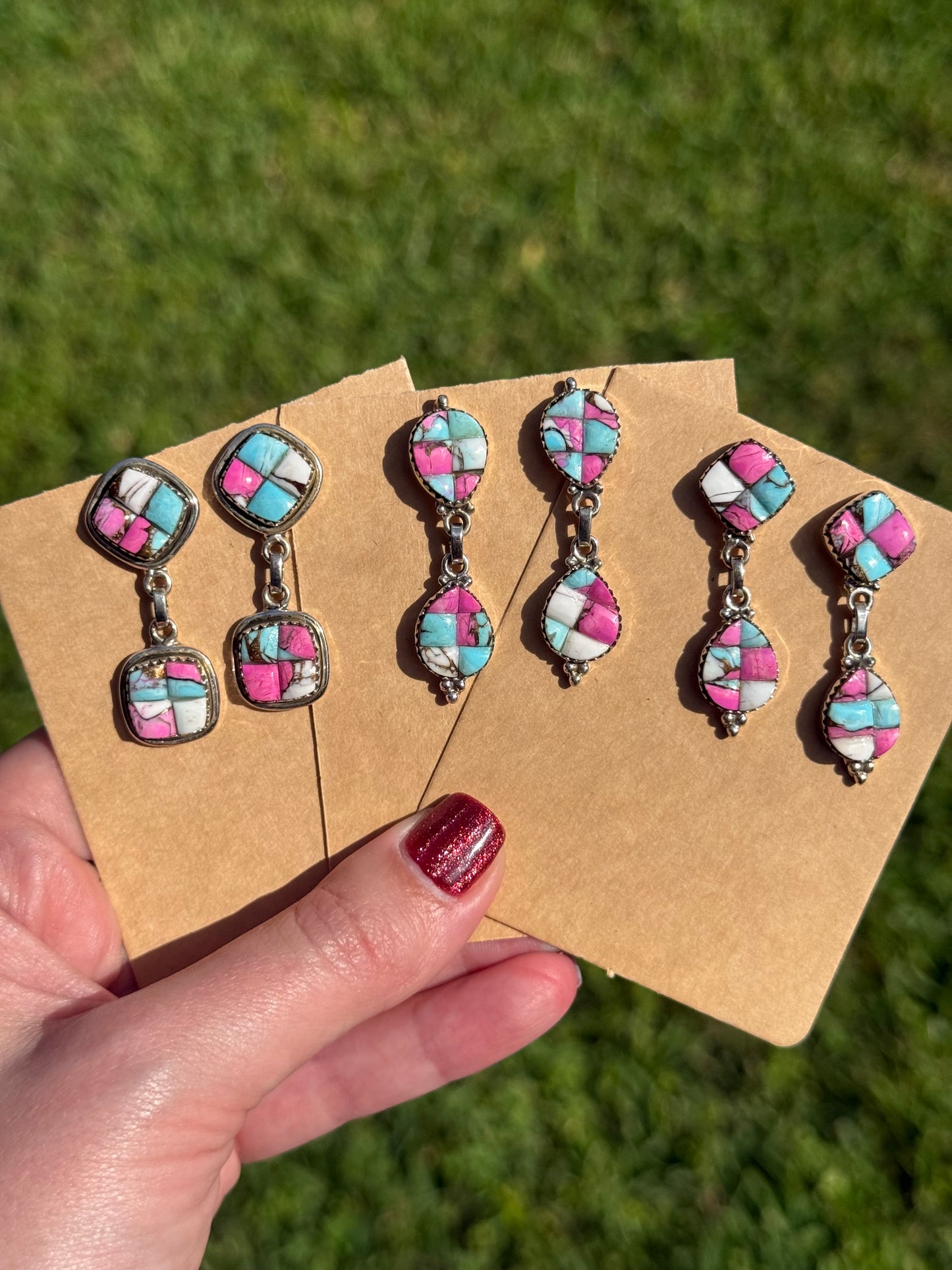 Cotton Candy Turquoise Cobblestone Sterling Silver Double Drop Earrings