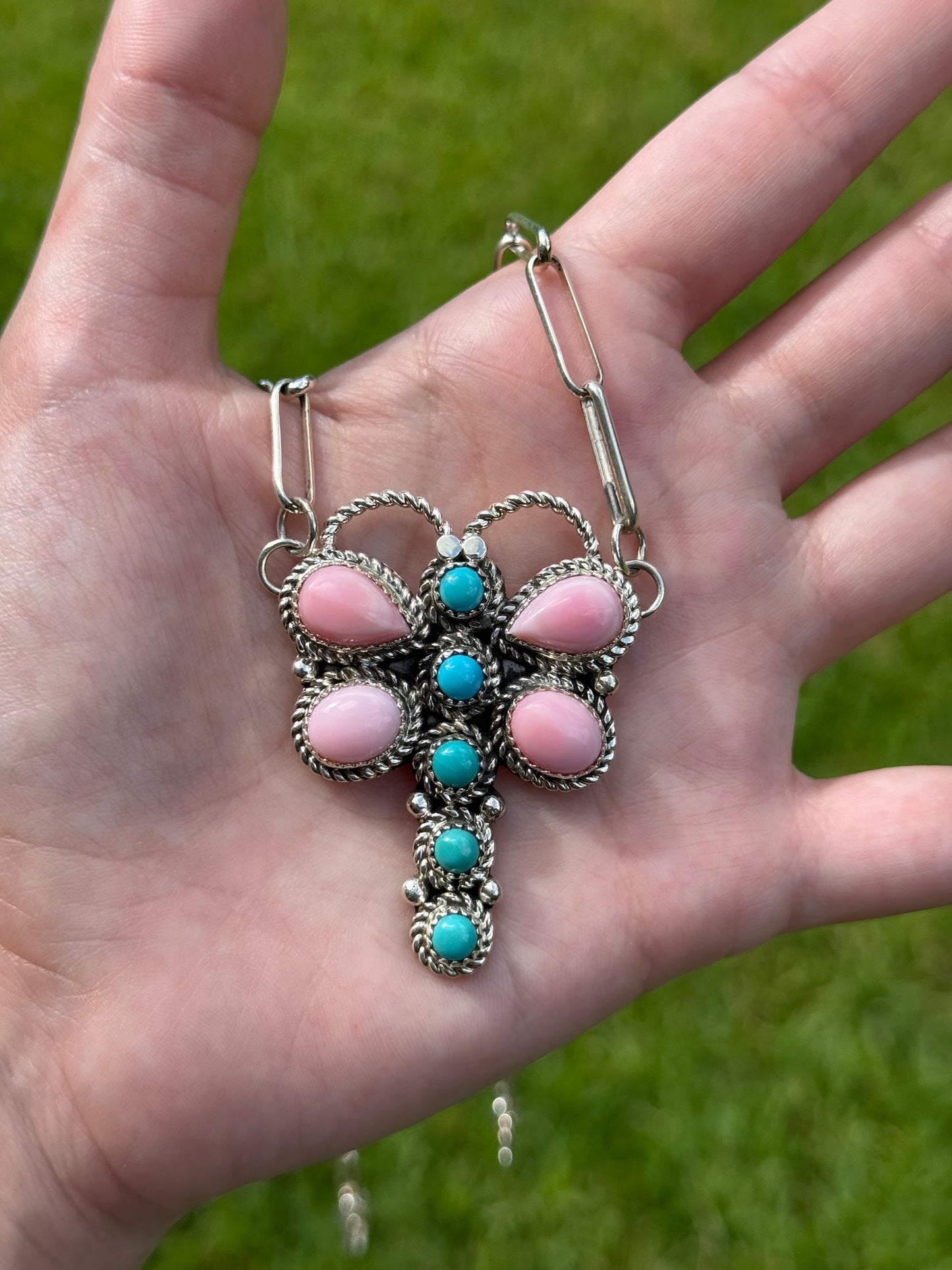 Navajo Sleeping Beauty Turquoise and Pink Conch Dragonfly Sterling Silver Necklace
