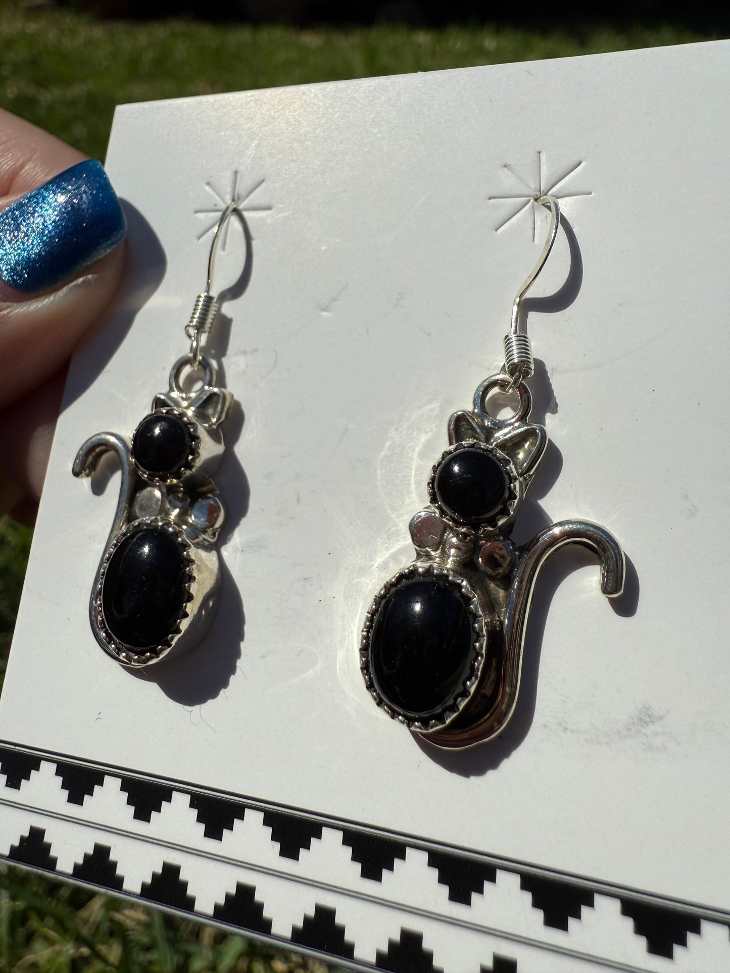Navajo Black Onyx Cat Sterling Silver Dangle Earrings