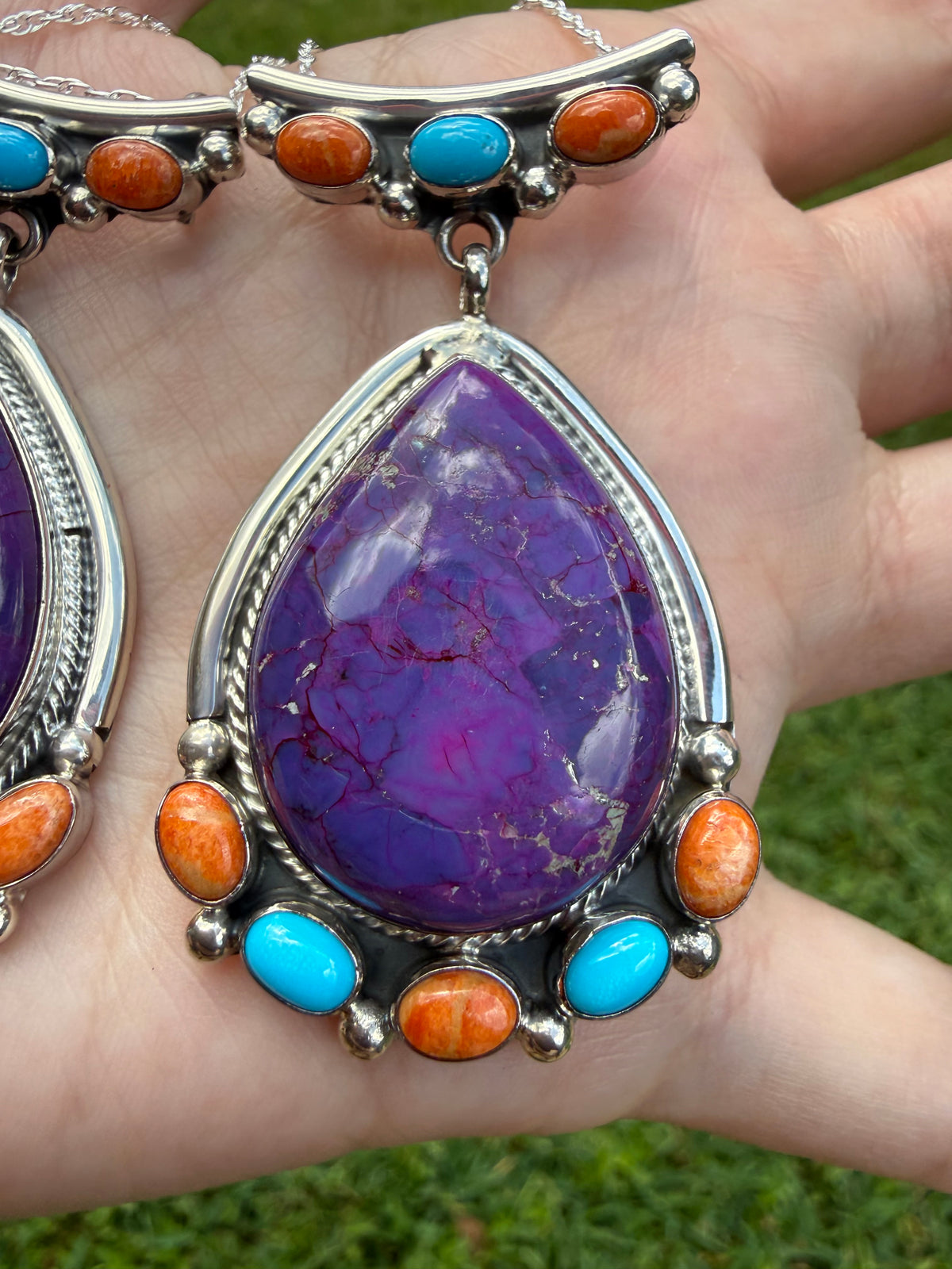 Navajo Purple Mojave Orange Mojave and Turquoise Tear Drop Sterling Silver Necklace