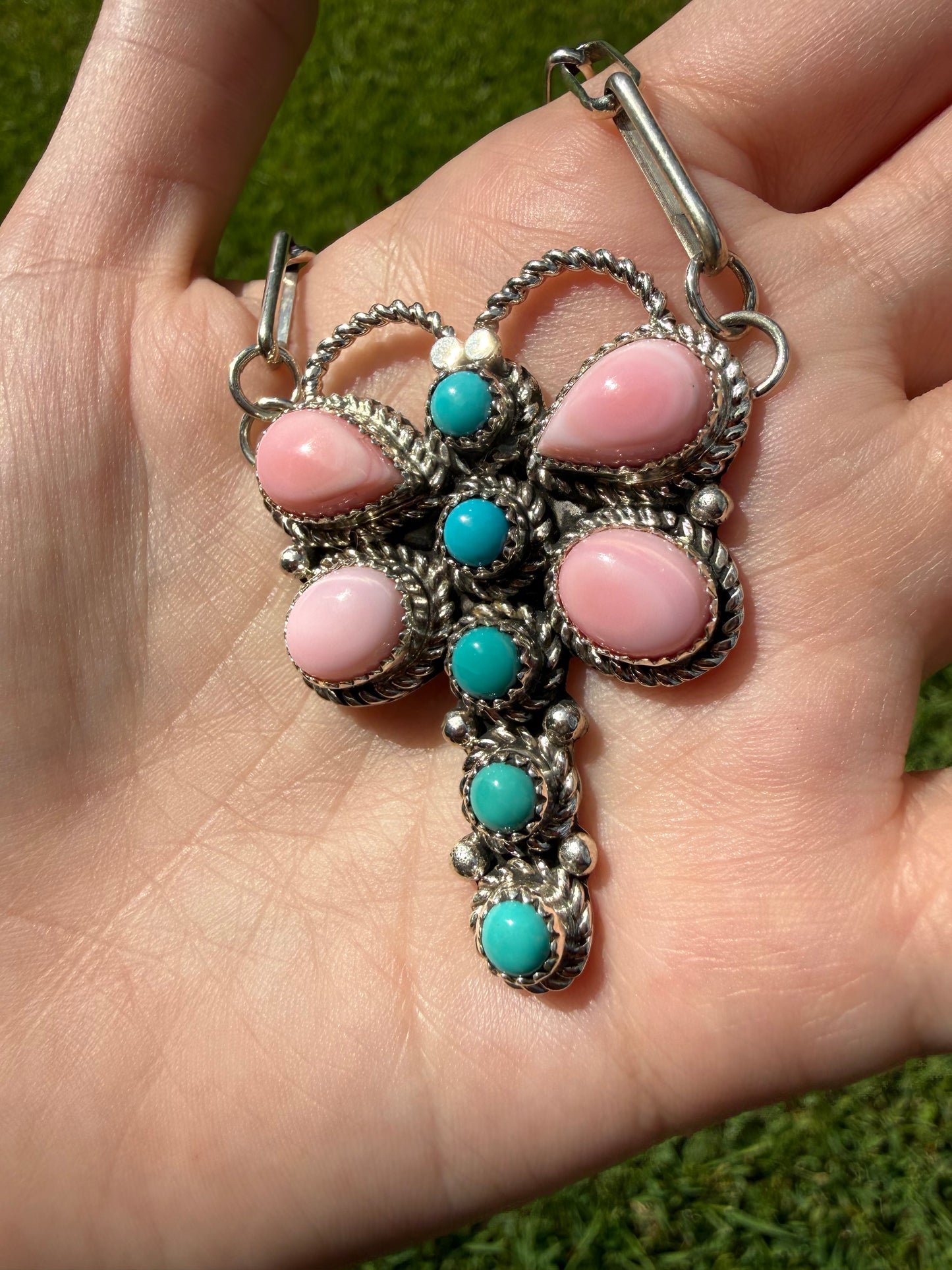 Navajo Sleeping Beauty Turquoise and Pink Conch Dragonfly Sterling Silver Necklace