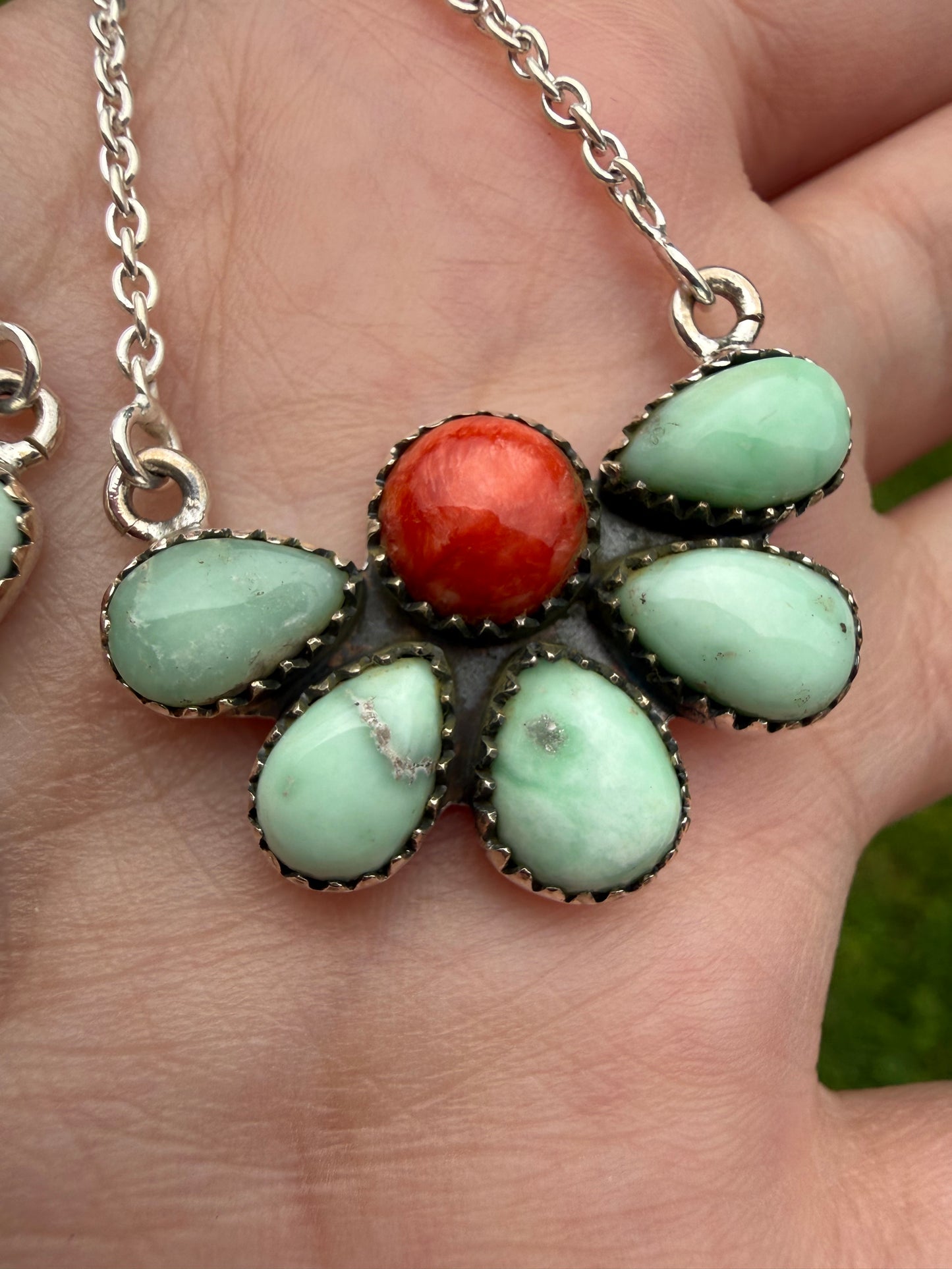 Paloma And Red Spiny Sterling Silver Bar or Half Cluster Necklace