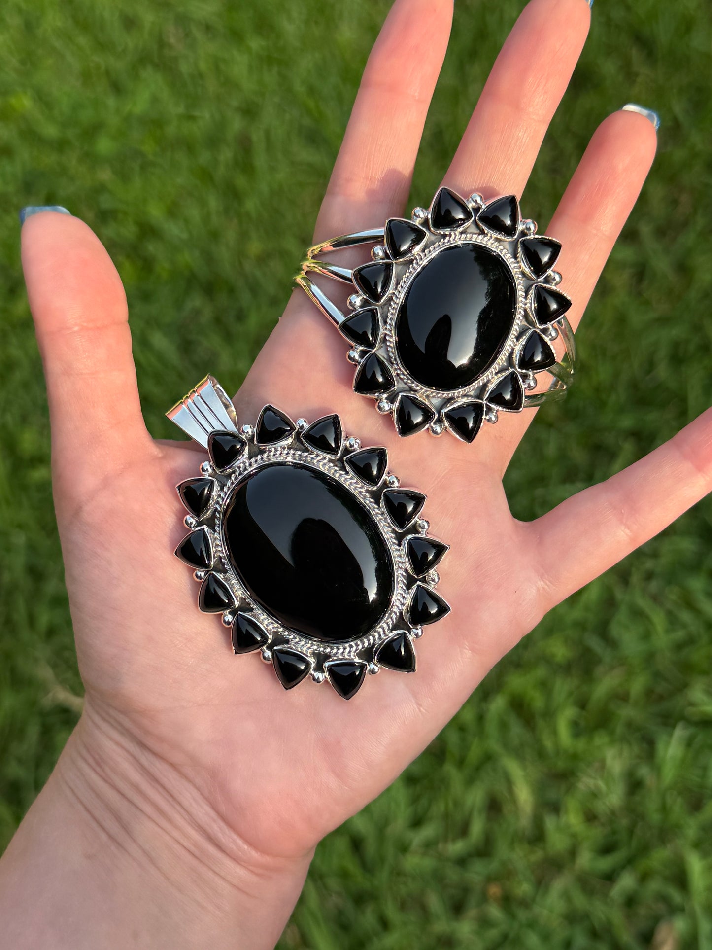 Navajo Black Onyx Statement Cluster Pendant or Cuff Bracelet