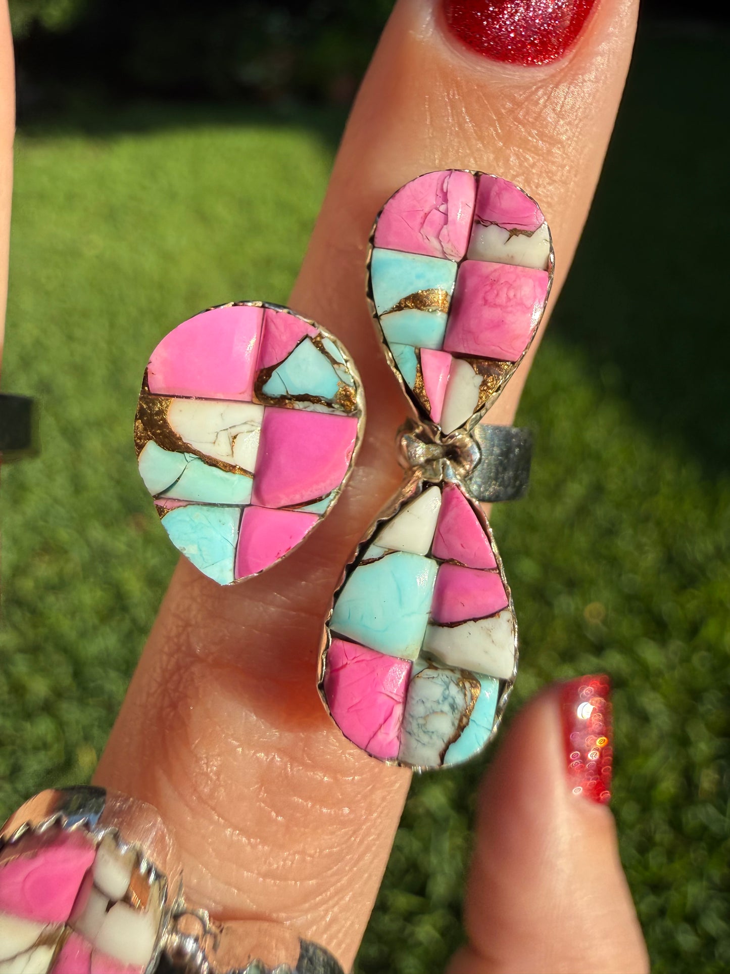 Cotton Candy Turquoise Cobblestone Sterling Silver Adjustable Rings