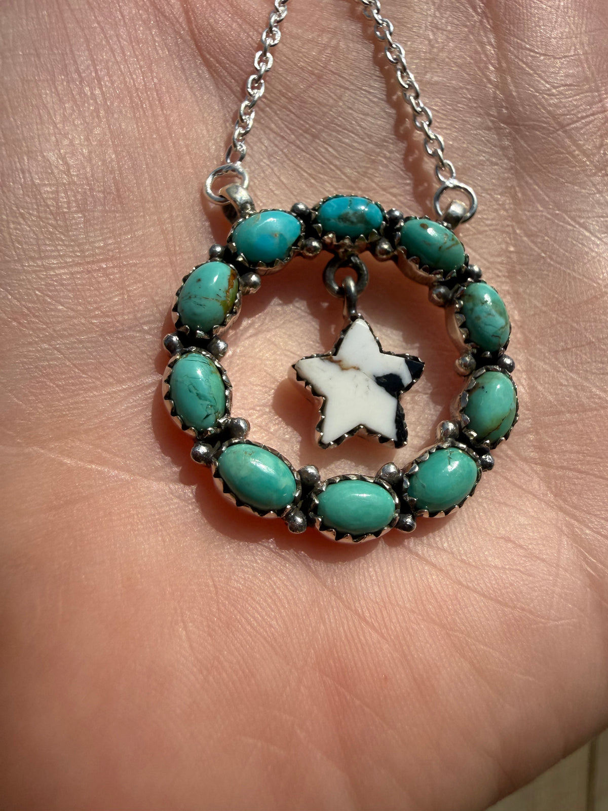 Kingman Turquoise and White Buffalo Circle with Star Drop Sterling Silver Necklace