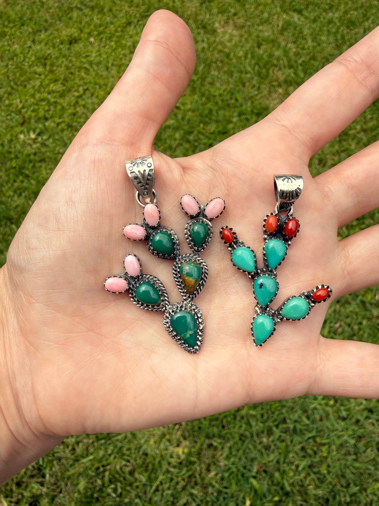 Kingman Turquoise and Pink Conch or Coral Cactus Cluster Sterling Silver Pendant