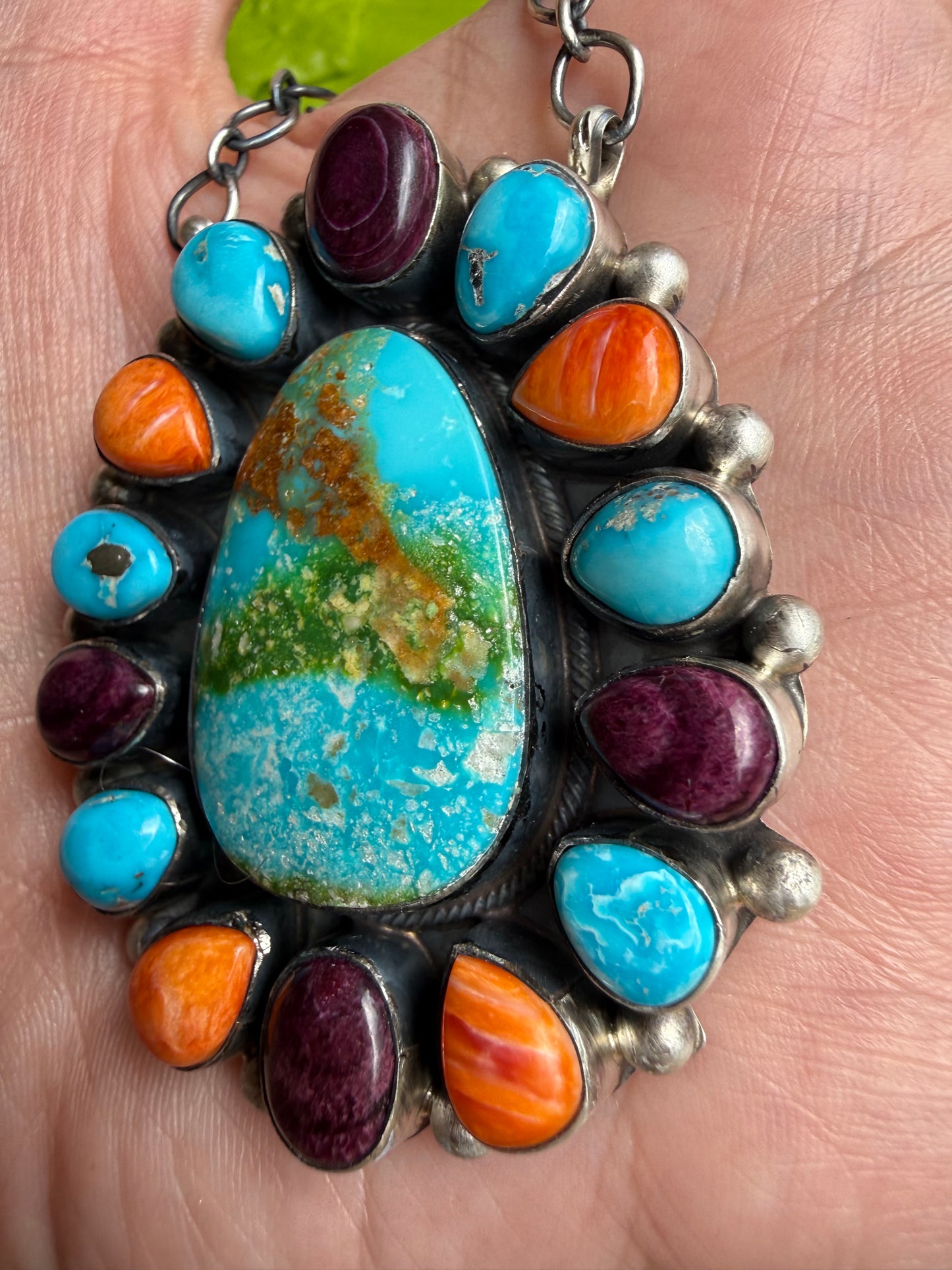 Native Multi Stone Full Flower Cluster Sterling Silver Necklace