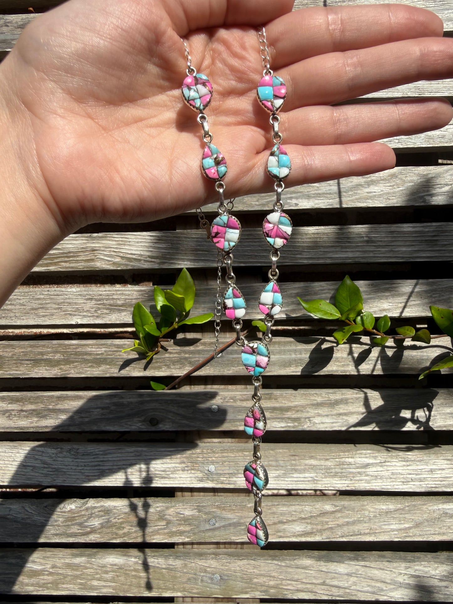 Cotton Candy Turquoise Cobblestone Sterling Silver Statement Lariat Necklace