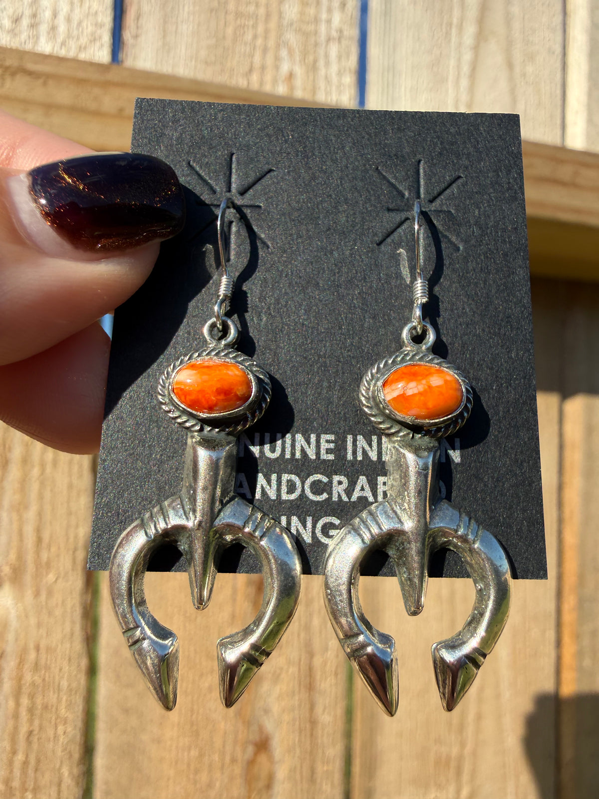 Navajo Orange Spiny Naja Sterling Silver Dangle Earrings
