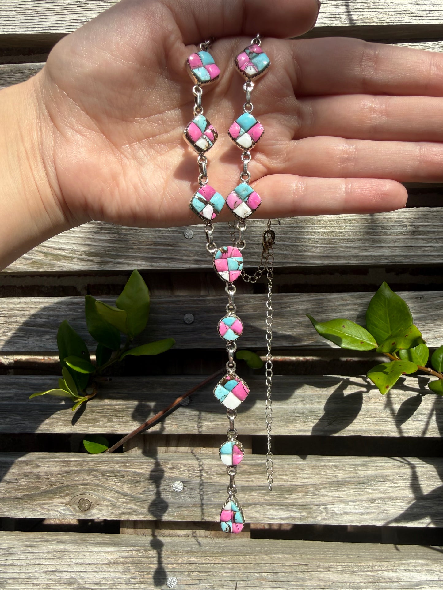 Cotton Candy Turquoise Cobblestone Sterling Silver Statement Lariat Necklace