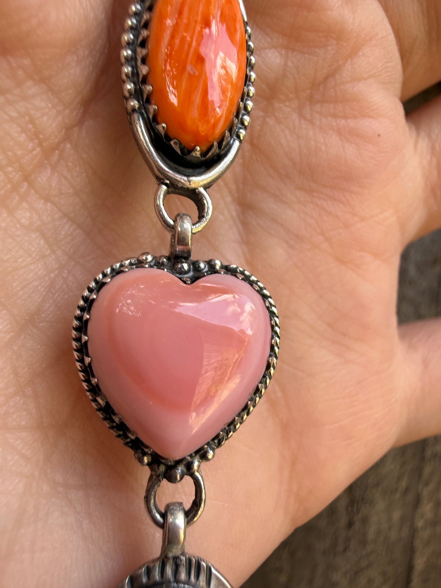 Multi Stone Orange spiny, pink Conch, Turquoise Sterling Silver Lariat