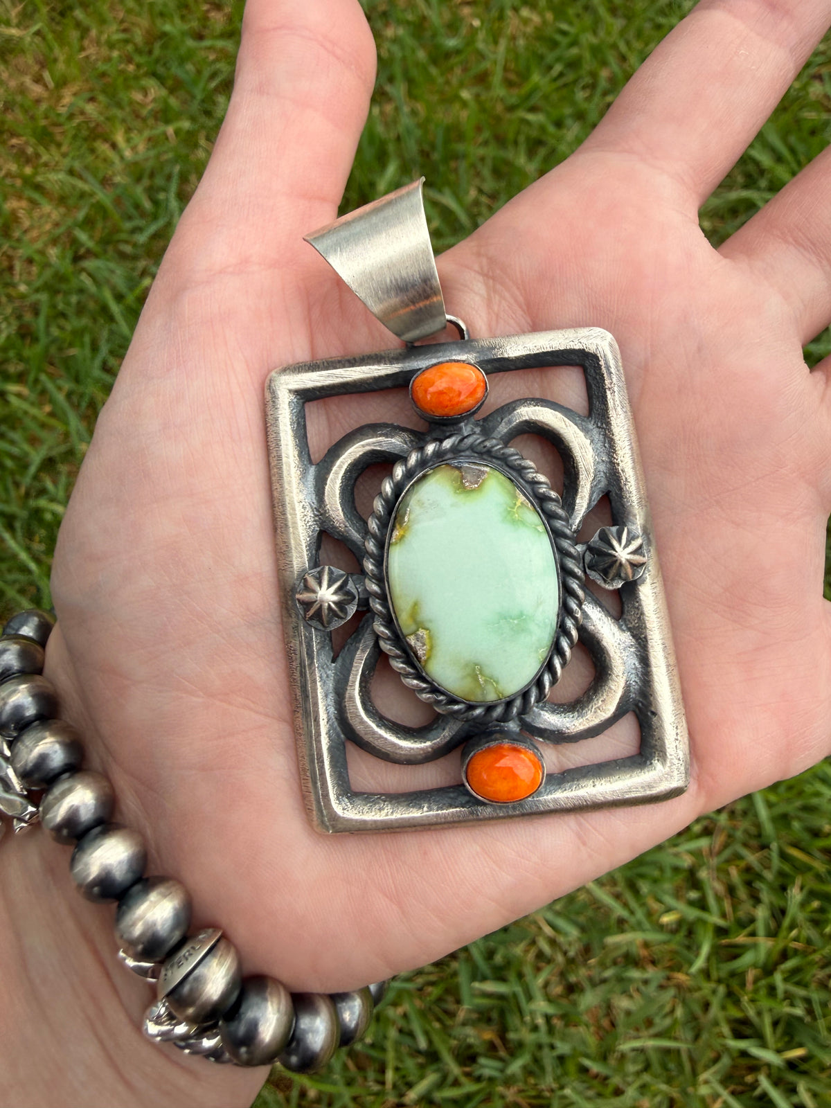 Navajo Palomino and Orange Spiny Statement Square Sterling Silver Pendant