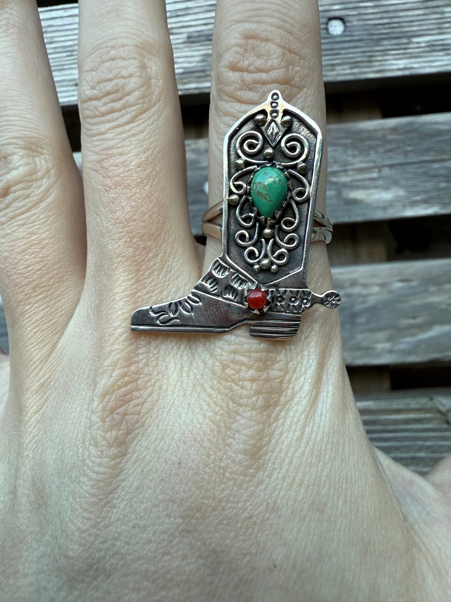Turquoise and Coral Cowboy Boot Sterling Silver Ring - Size 9