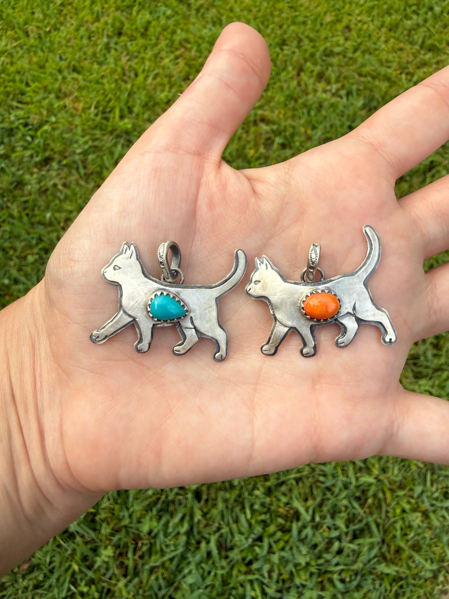 Cat Turquoise or Orange Spiny Sterling Silver Handmade Pendant