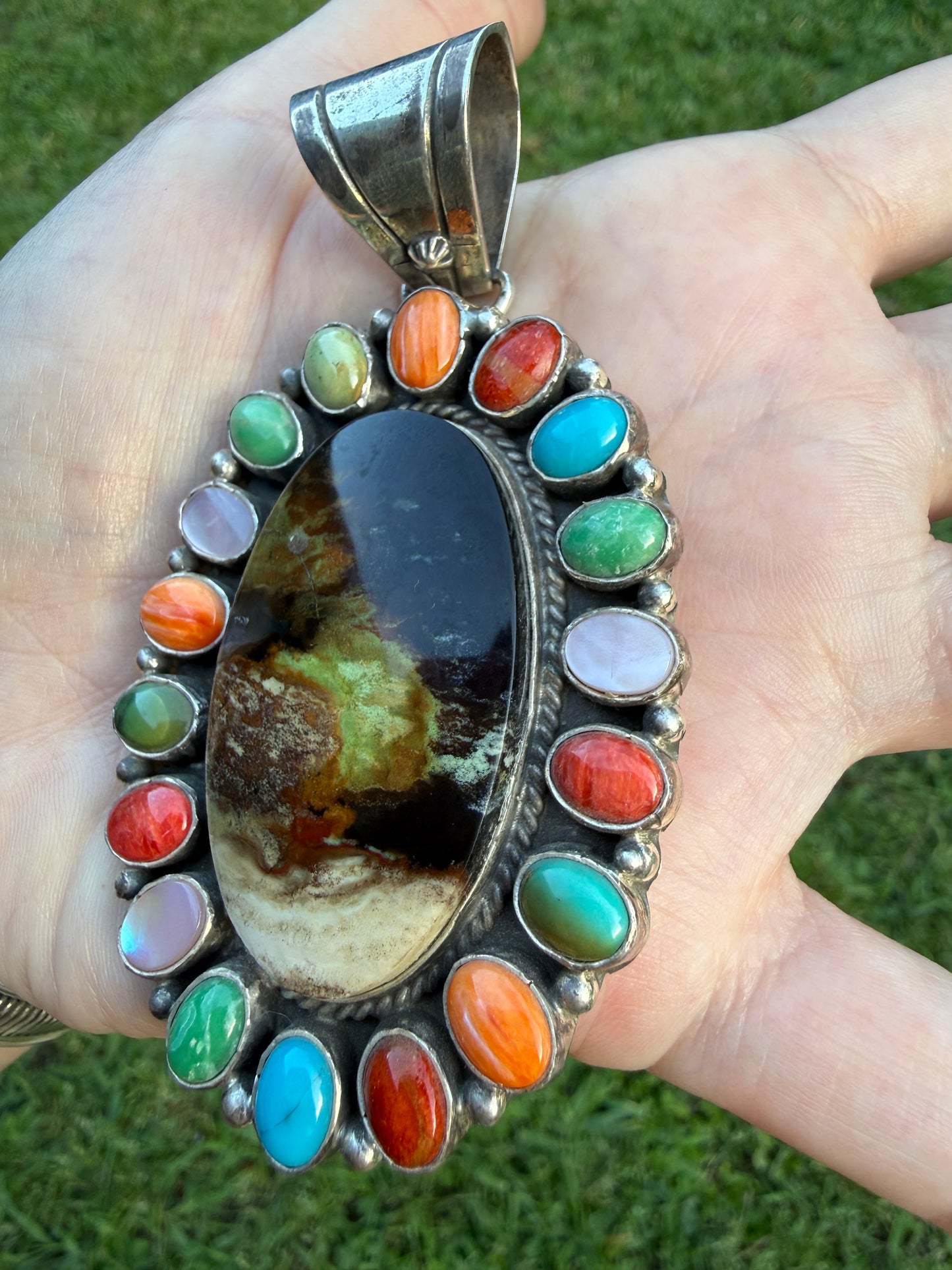Navajo Rainbow Multi Stone Sterling Silver Pendant