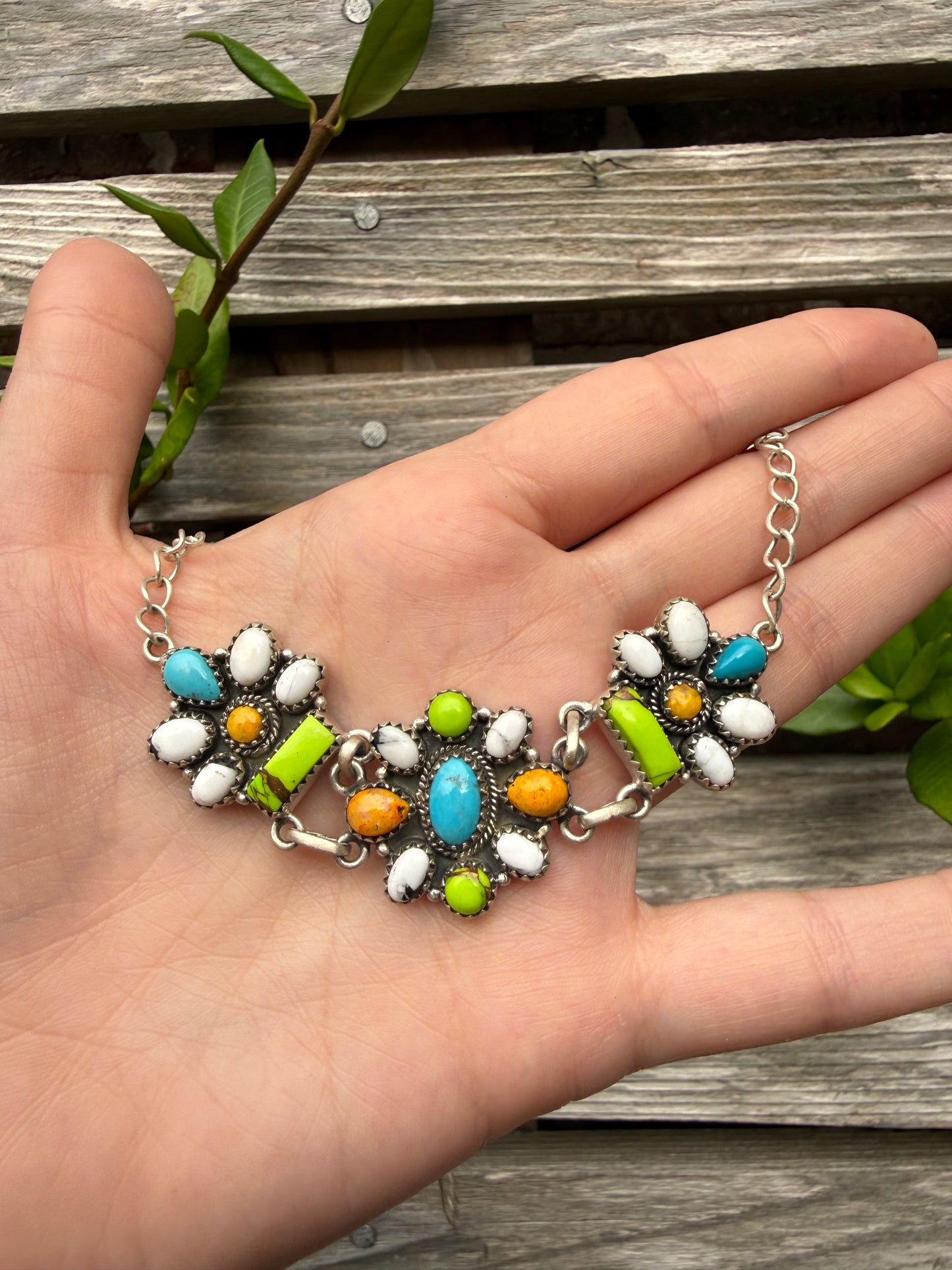Bumblebee Jasper, Kingman Turquoise, and Lime Dahlia Statement Necklace or Choker