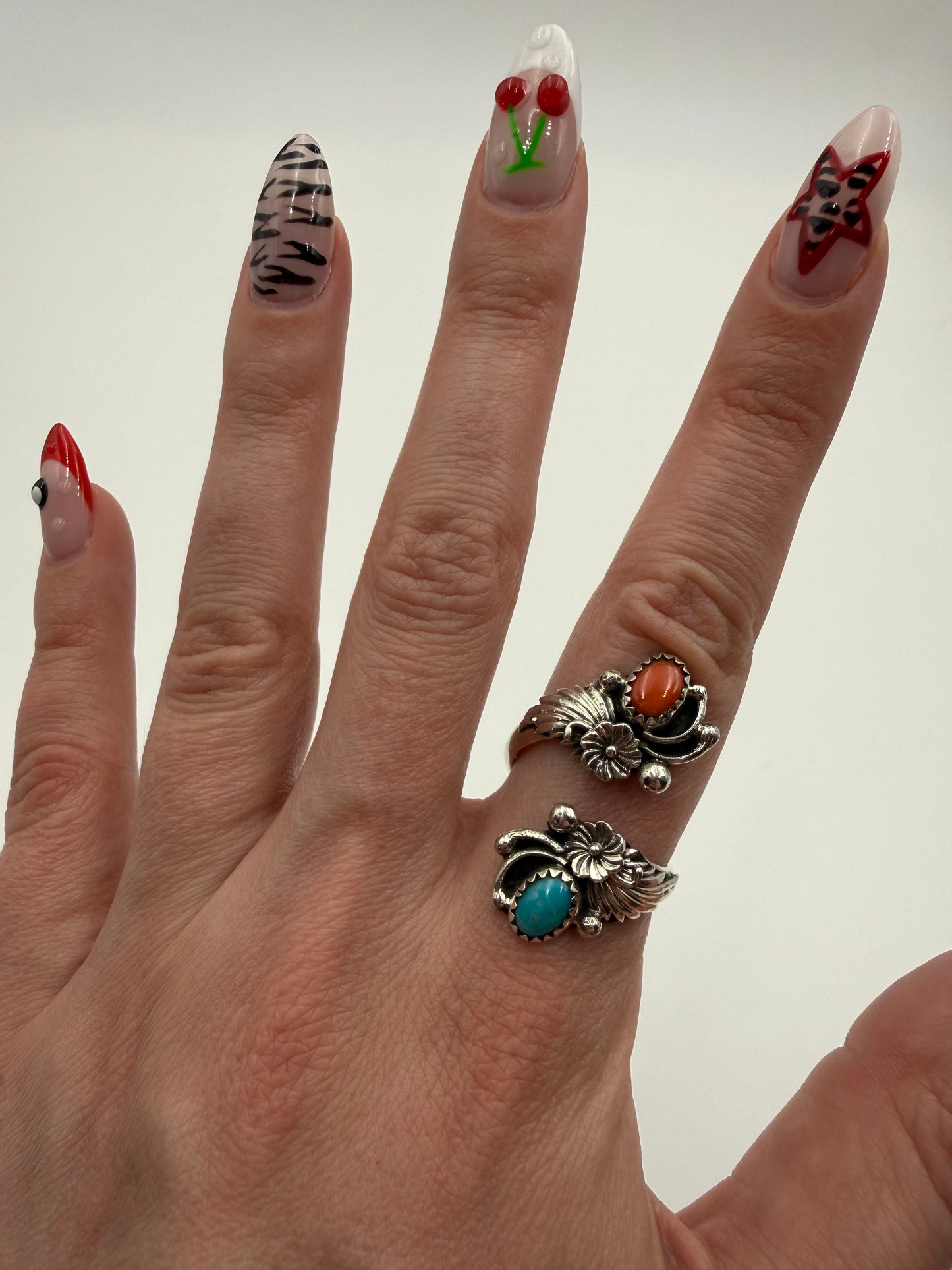 Navajo Turquoise and Coral Flower Floater Bypass Ring