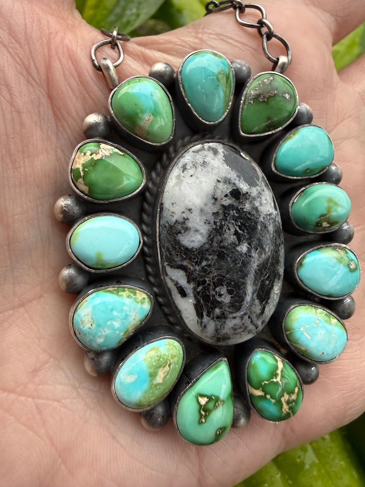 Navajo Sonoran Gold Turquoise and White Buffalo Full Flower Cluster Sterling Silver Necklace