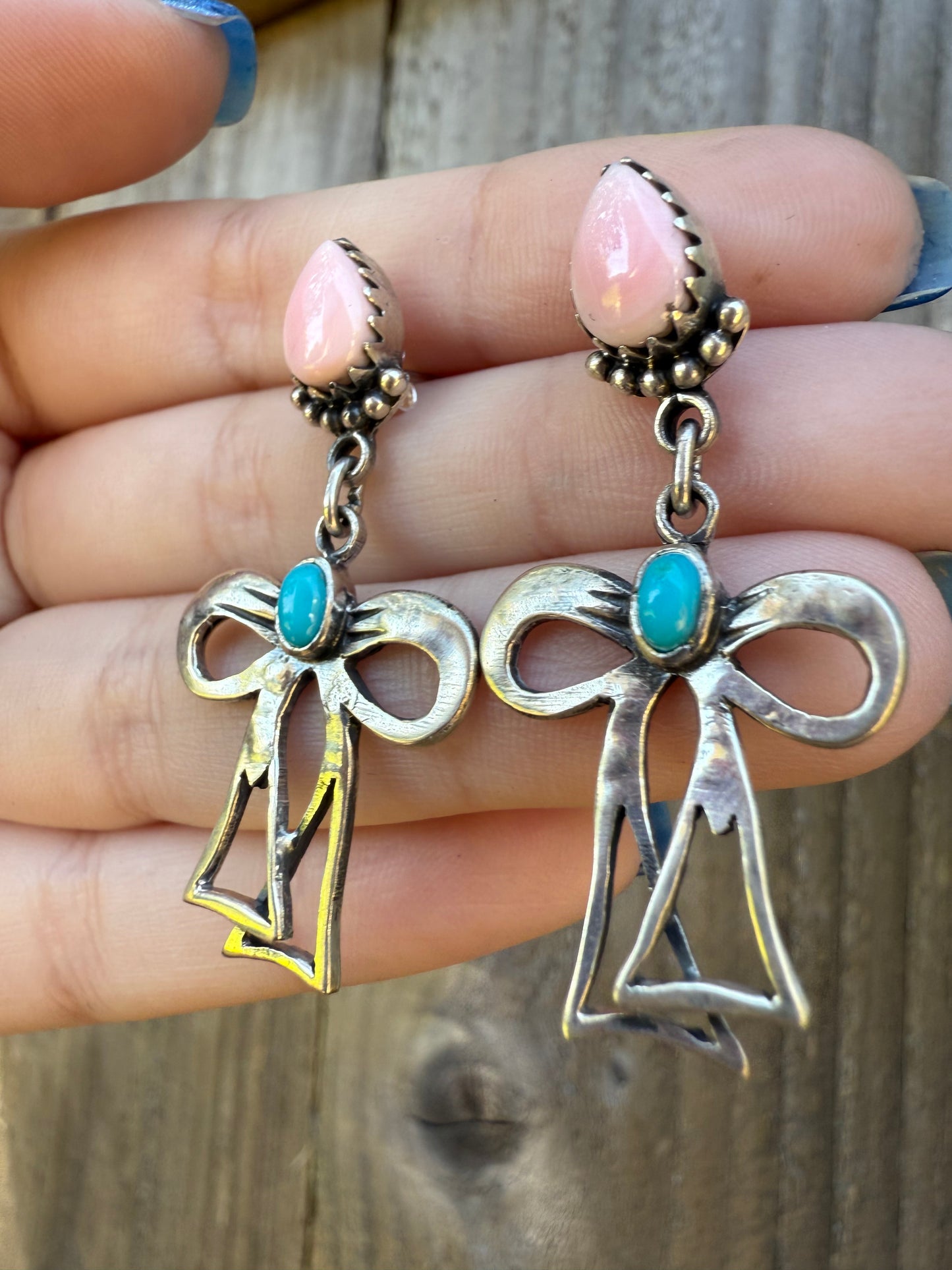 Turquoise and Pink Conch Sterling Silver Dangle Bow Earrings