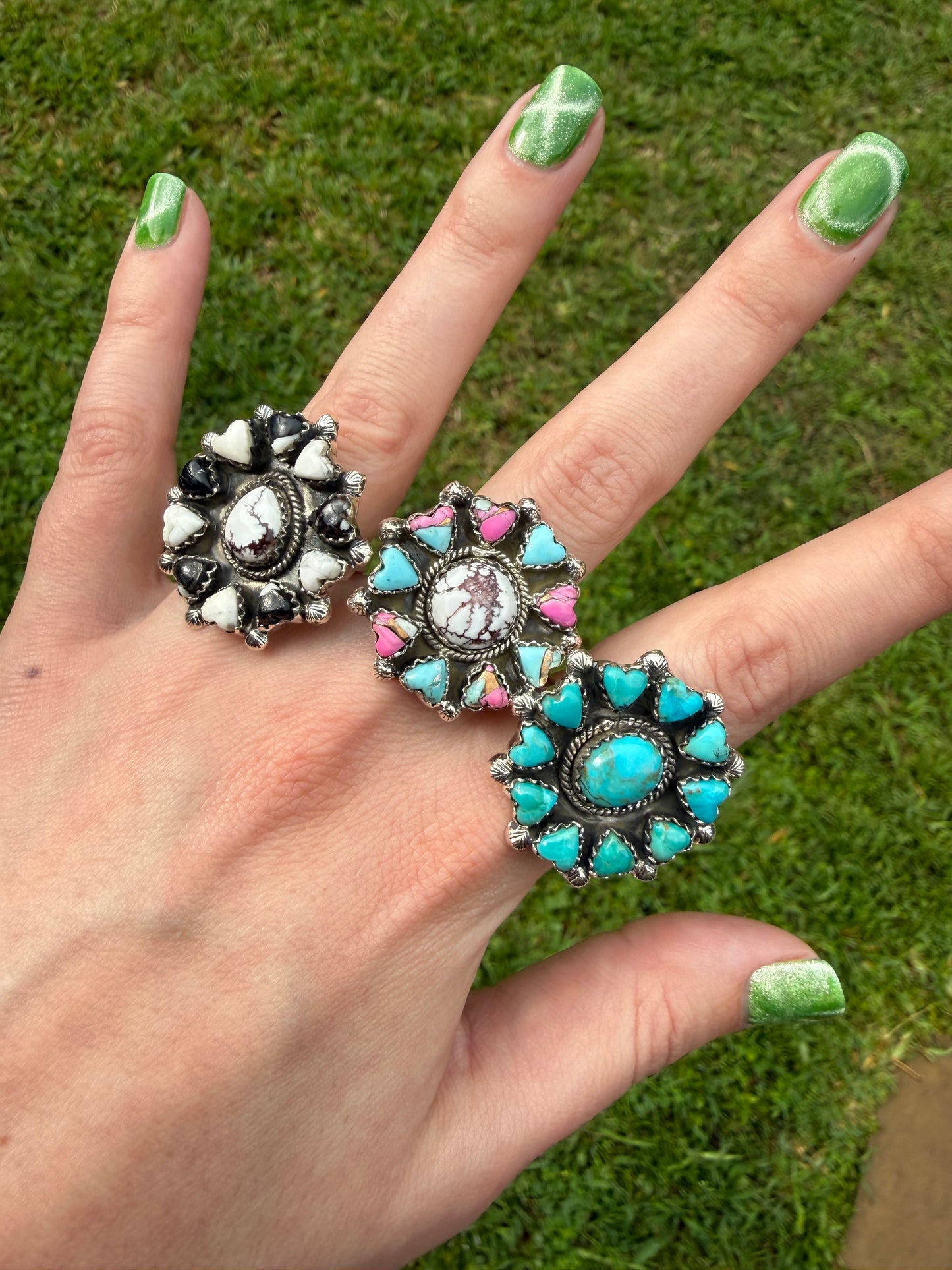 Kingman Turquoise, Cotton Candy and White Buffalo Wild Horse Heart Adjustable Ring