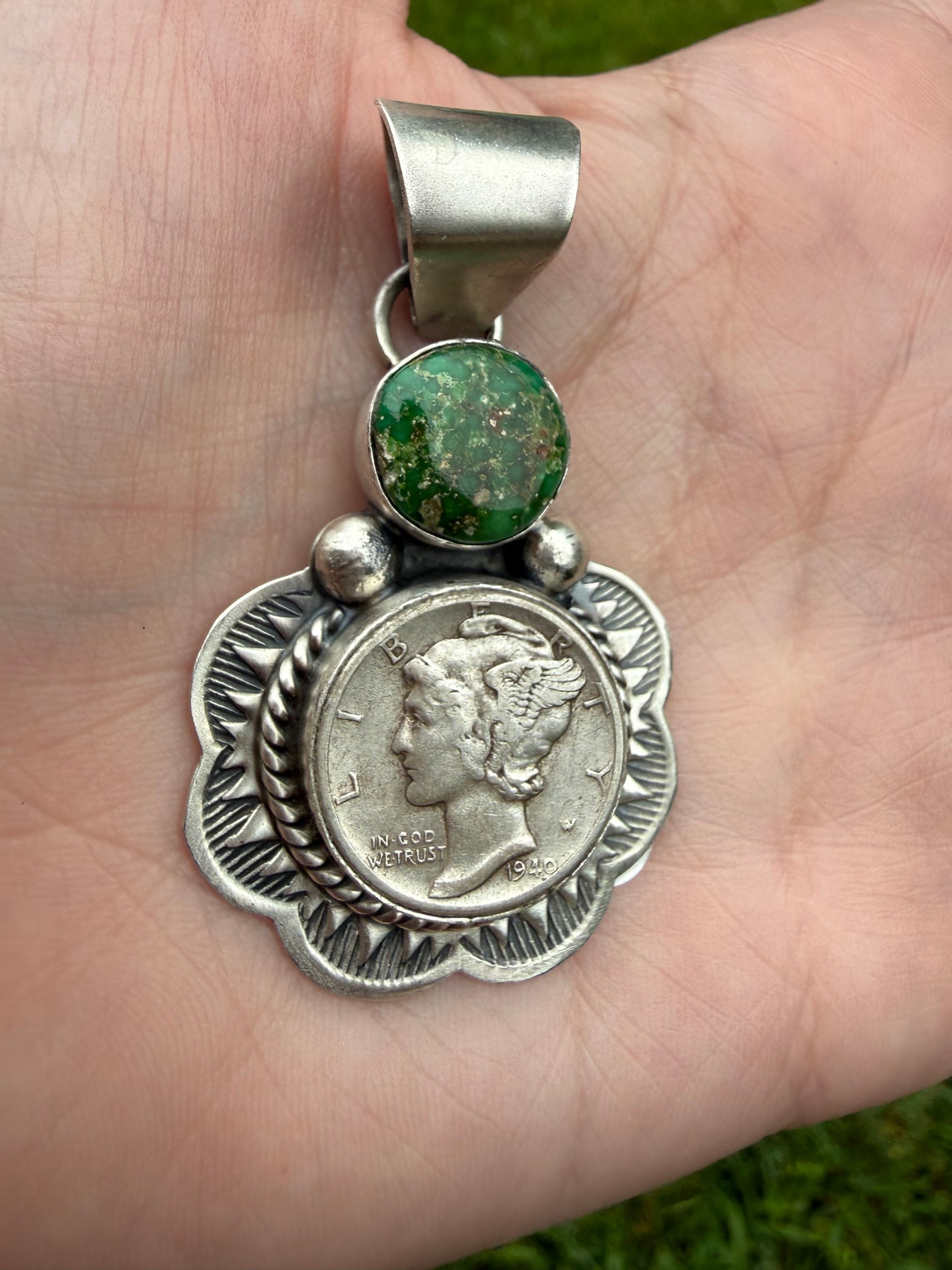 Navajo Liberty Coin Sonoran Gold Turquoise Sterling Silver Pendant