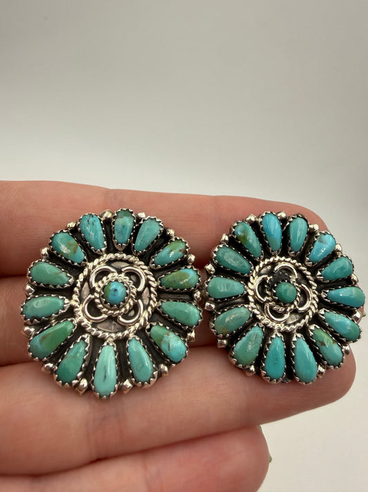Native Turquoise Full Flower Cluster Sterling Silver Earrings