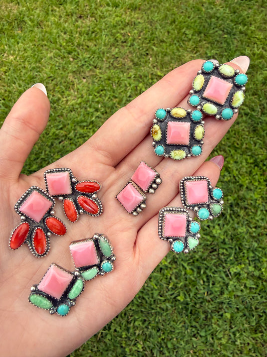 Pink Conch Sterling Silver Multi Stone Stud Earrings