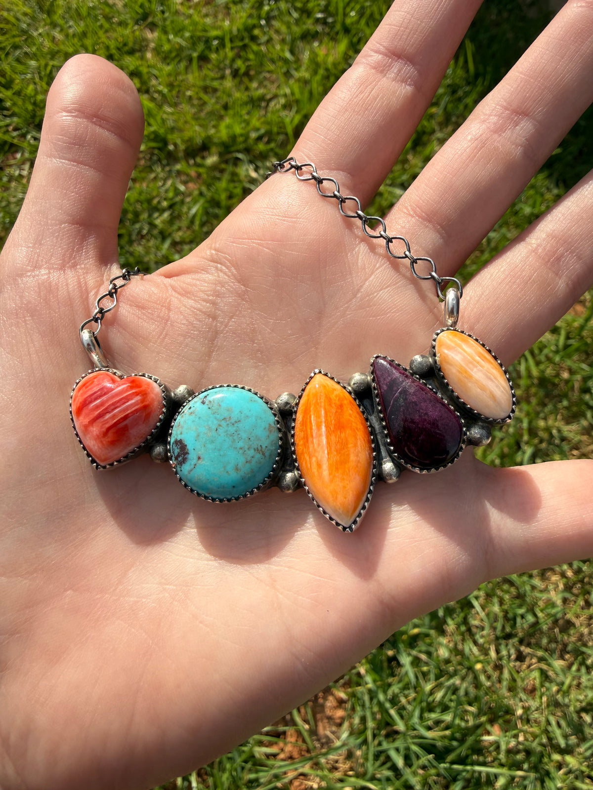 Navajo Multi Stone Cluster Bar Sterling Silver Necklace