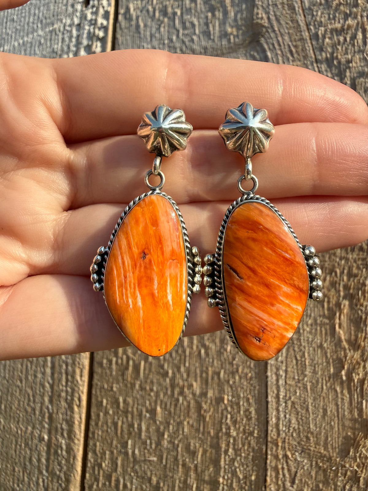 Navajo Orange Spiny Peyote Button Sterling Silver Big Drop Earrings