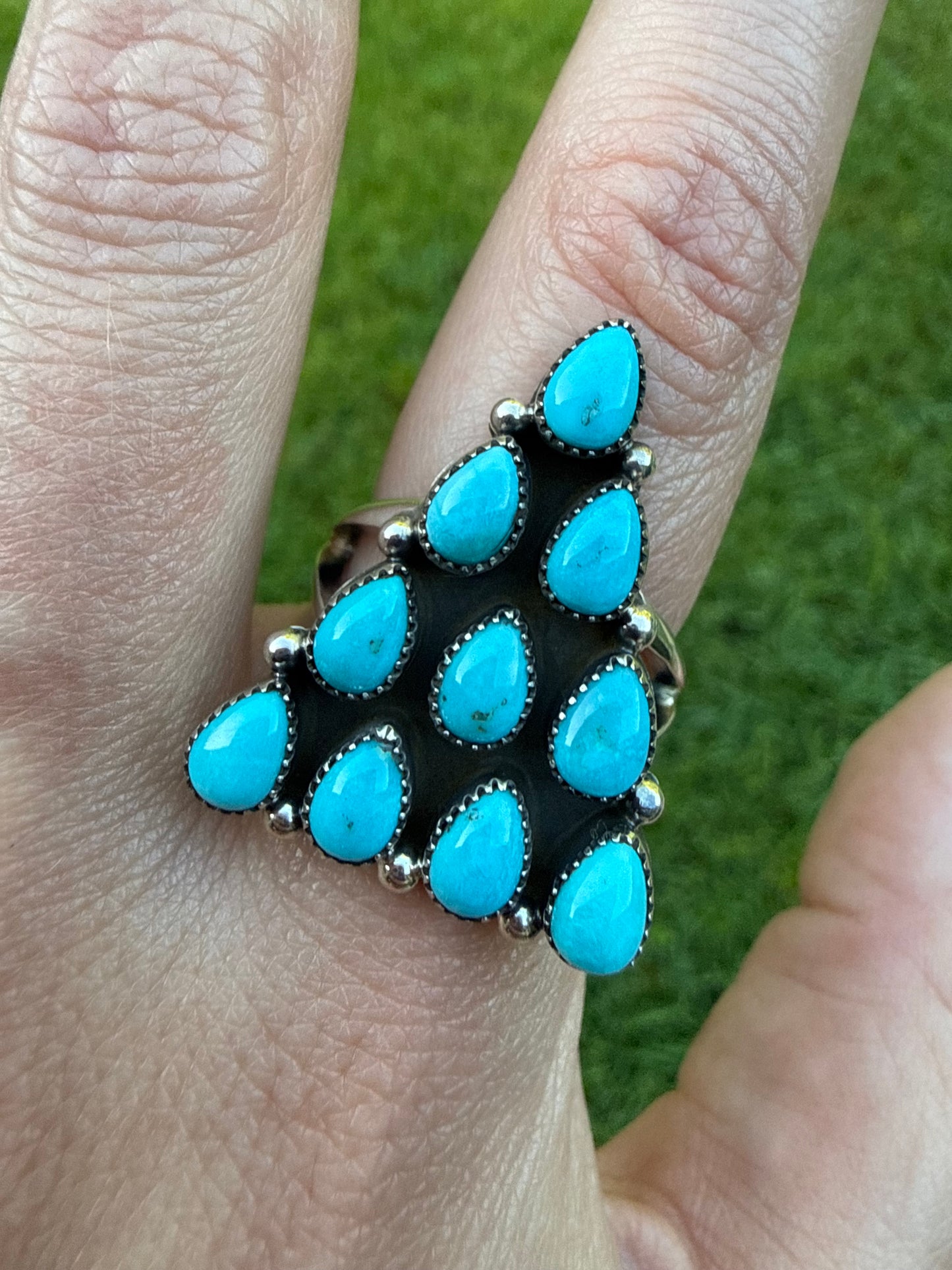 Navajo Turquoise Triangle Cluster Sterling Silver Ring