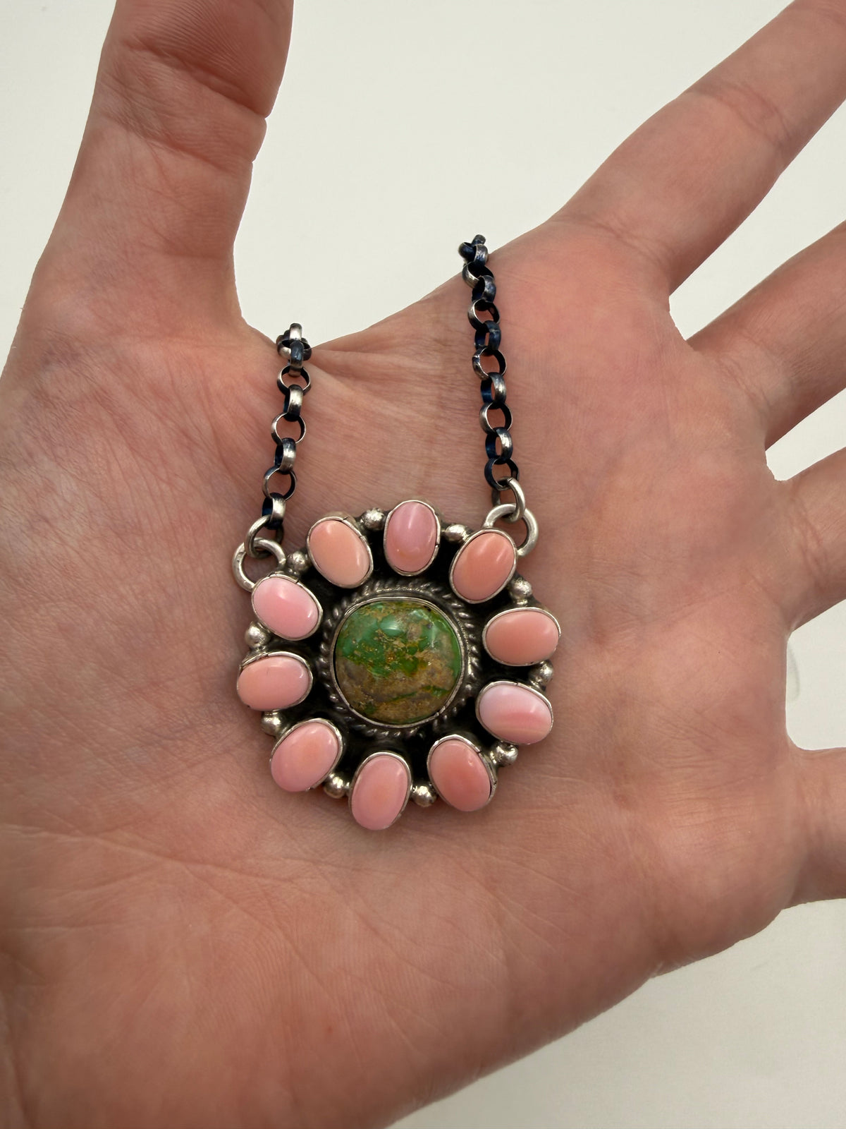 Navajo Sonoran Gold Turquoise and Pink Conch Full Flower Sterling Silver Necklace