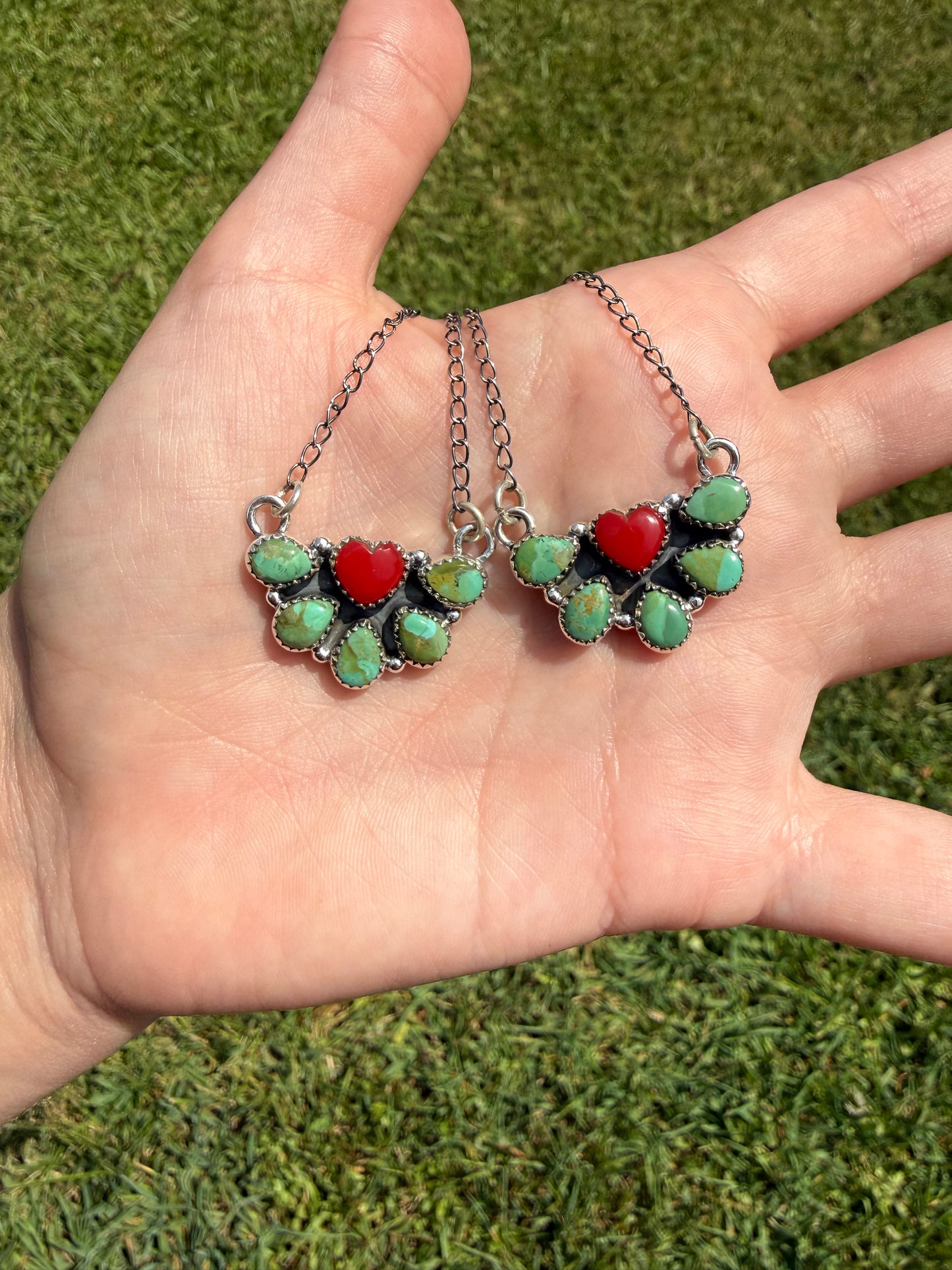 Kingman Turquoise and Red Rosarita Half Cluster Heart Necklace