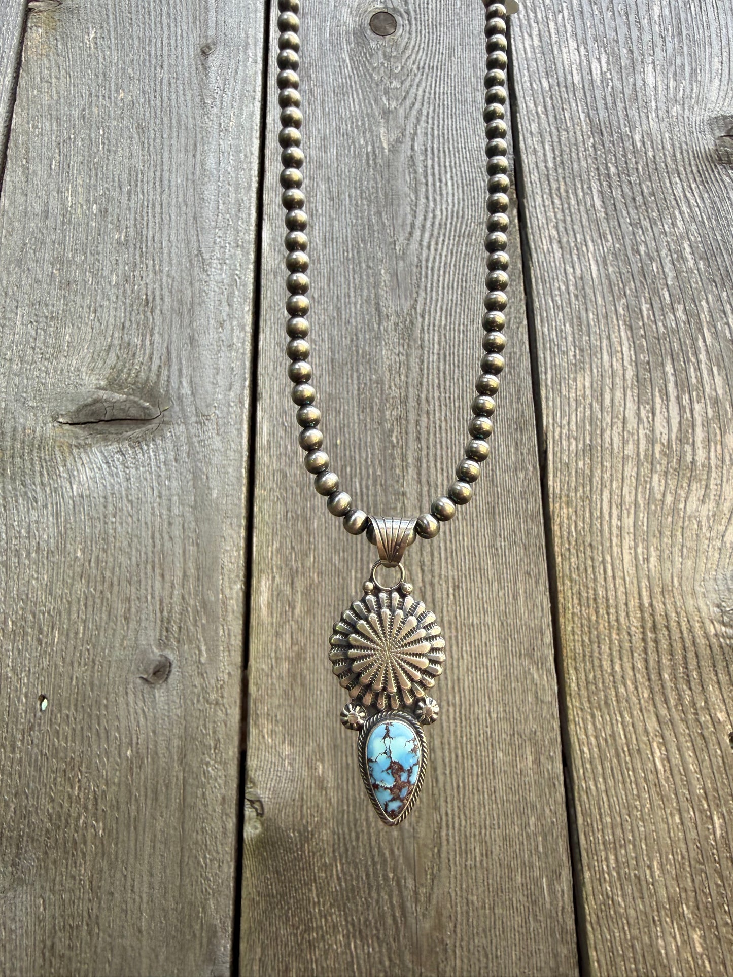 Navajo Golden Hills Turquoise Big Peyote Button Sterling Silver Desert Pearl Necklace by Sharon McCarthy