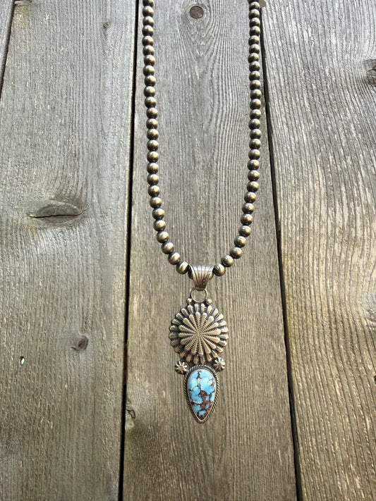 Navajo Golden Hills Turquoise Big Peyote Button Sterling Silver Desert Pearl Necklace by Sharon McCarthy