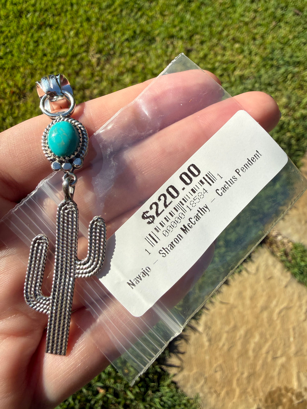 Navajo Turquoise Drop Cactus Sterling Silver Pendant