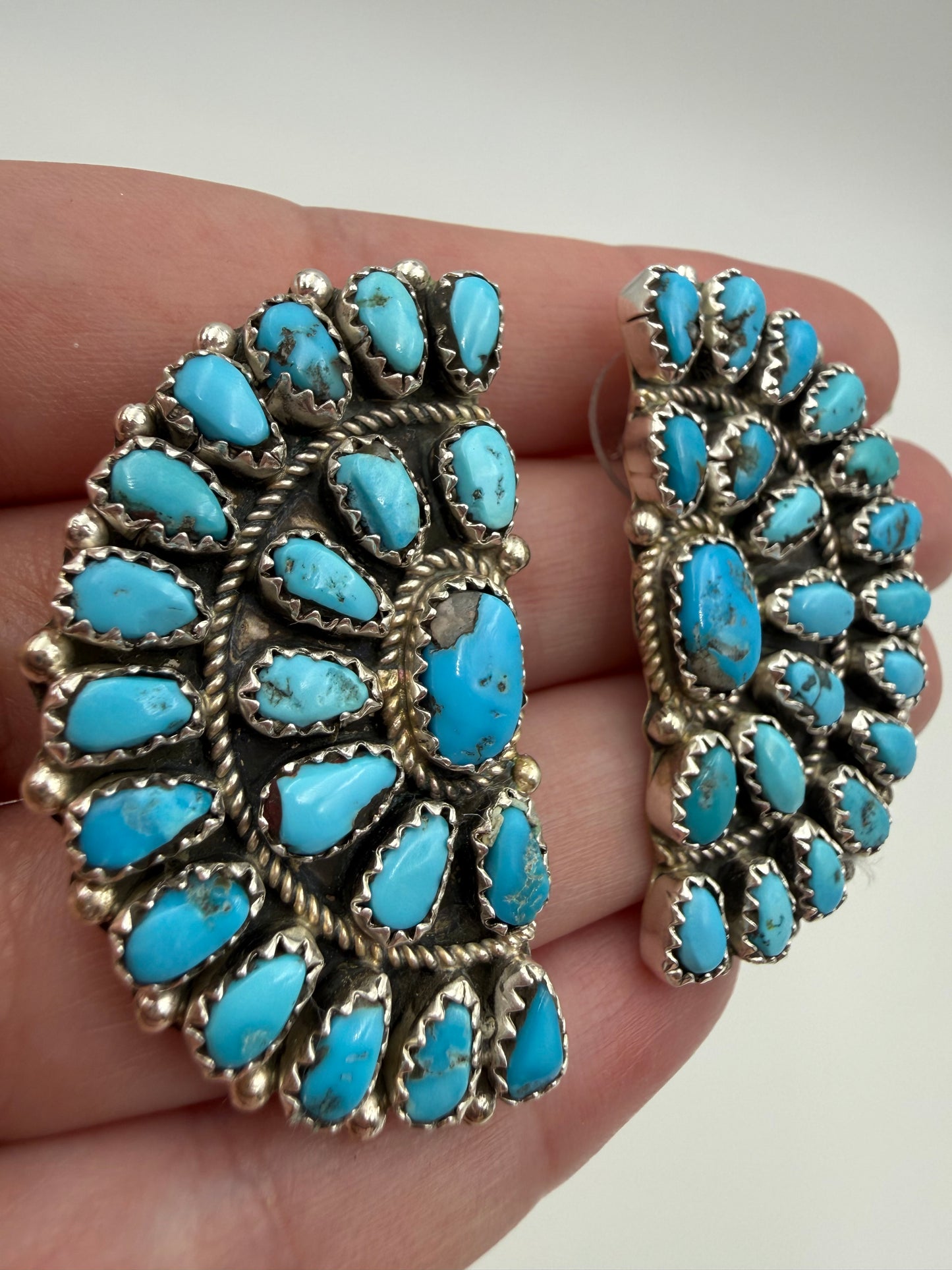 Native Turquoise Huge Half Cluster Sterling Silver Earrings