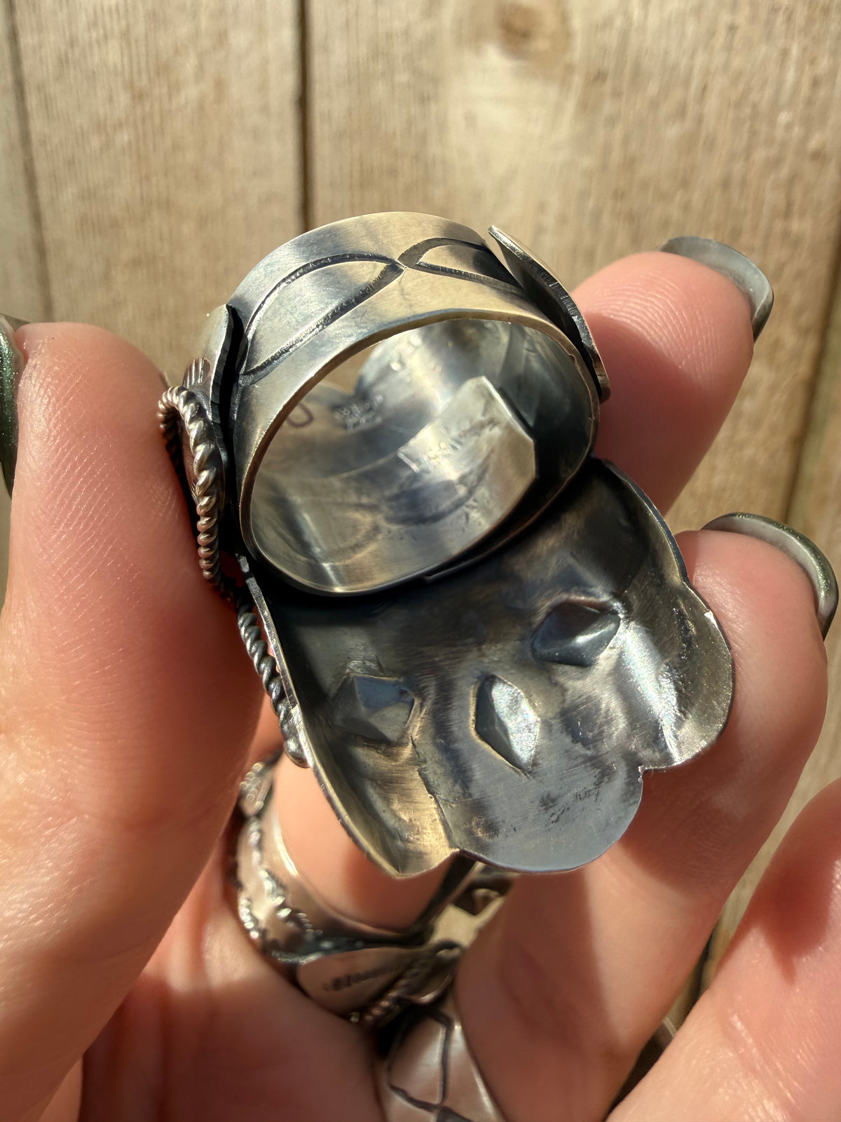 Navajo Turquoise Heart Saddle Sterling Silver Adjustable Ring by Tim Yazzie